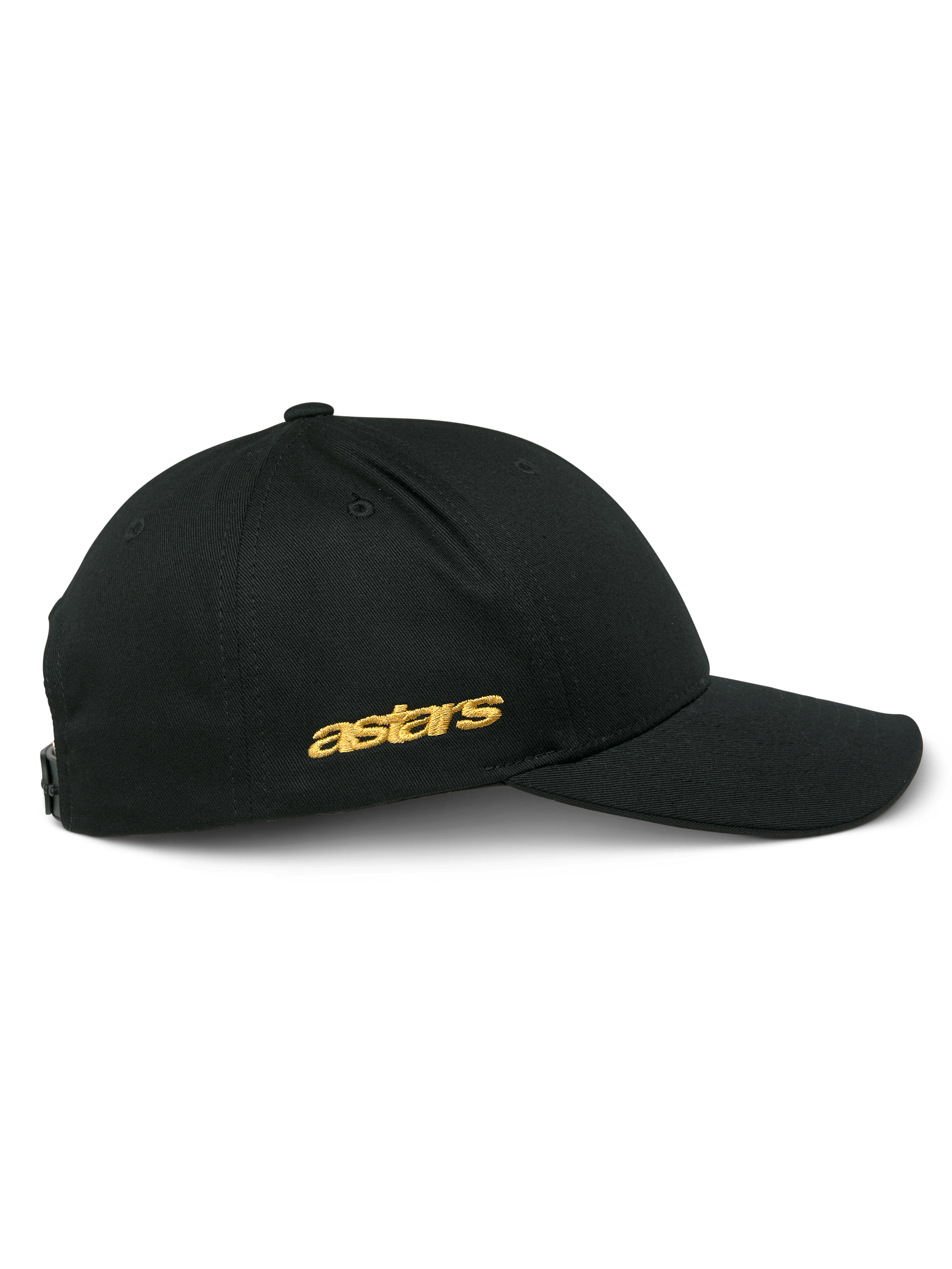 Casquette Alpinestars Sessionized, vue de profil d'une casquette snapback noire, broderie plate Astars dorée sur le côté, couronne structurée avec visière courbée, couvre-chef décontracté inspiré du sport automobile