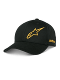 Alpinestars Sessionized Hat, casquette de baseball noire, logo étoile brodé en 3D doré, visière courbée, broderie astars sur le côté, couvre-chef de sport automobile décontracté
