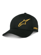Alpinestars Sessionized Hat, casquette de baseball noire, logo étoile brodé en 3D doré, visière courbée, broderie astars sur le côté, couvre-chef de sport automobile décontracté