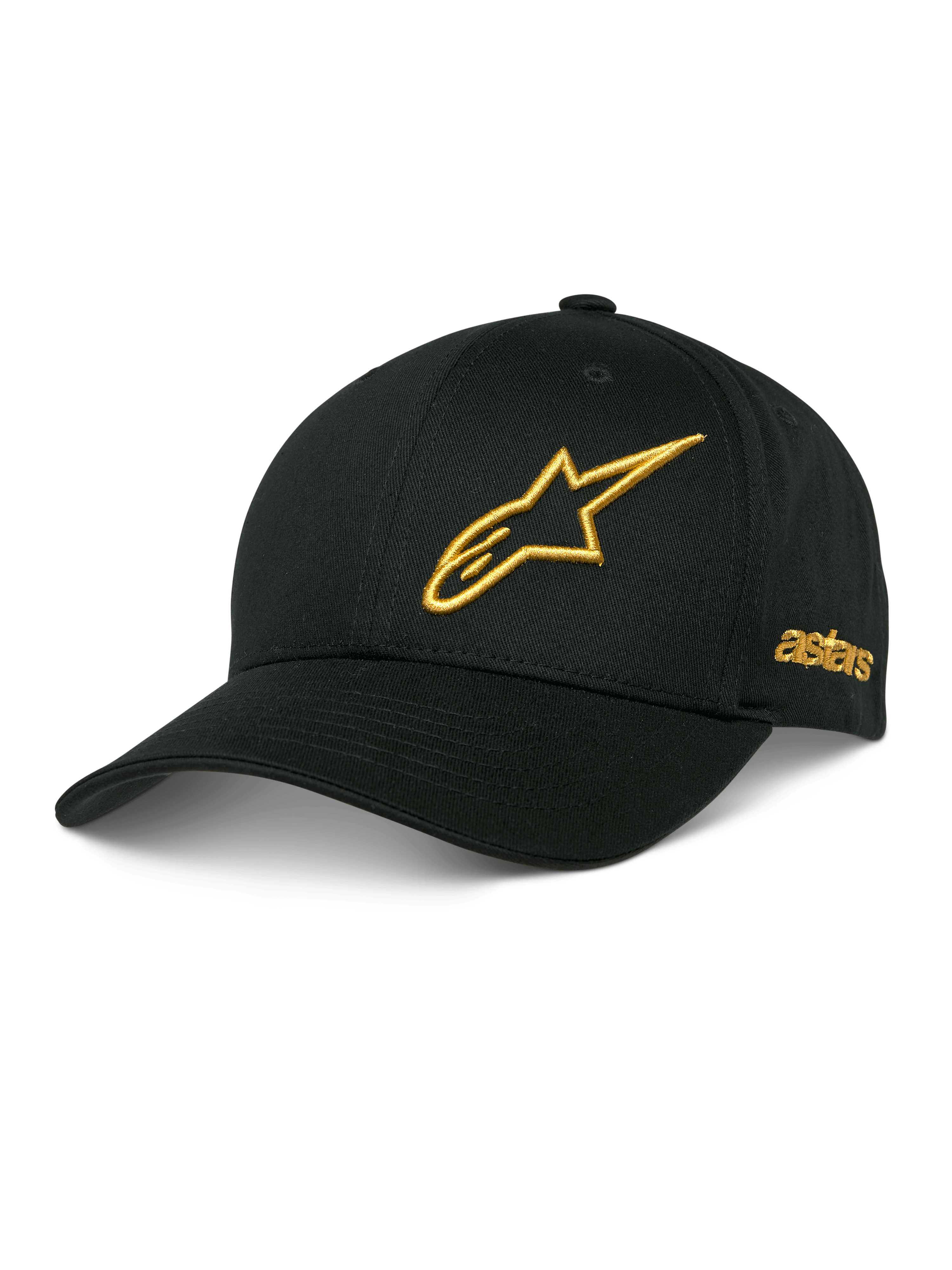 Alpinestars Sessionized Hat, casquette de baseball noire, logo étoile brodé en 3D doré, visière courbée, broderie astars sur le côté, couvre-chef de sport automobile décontracté