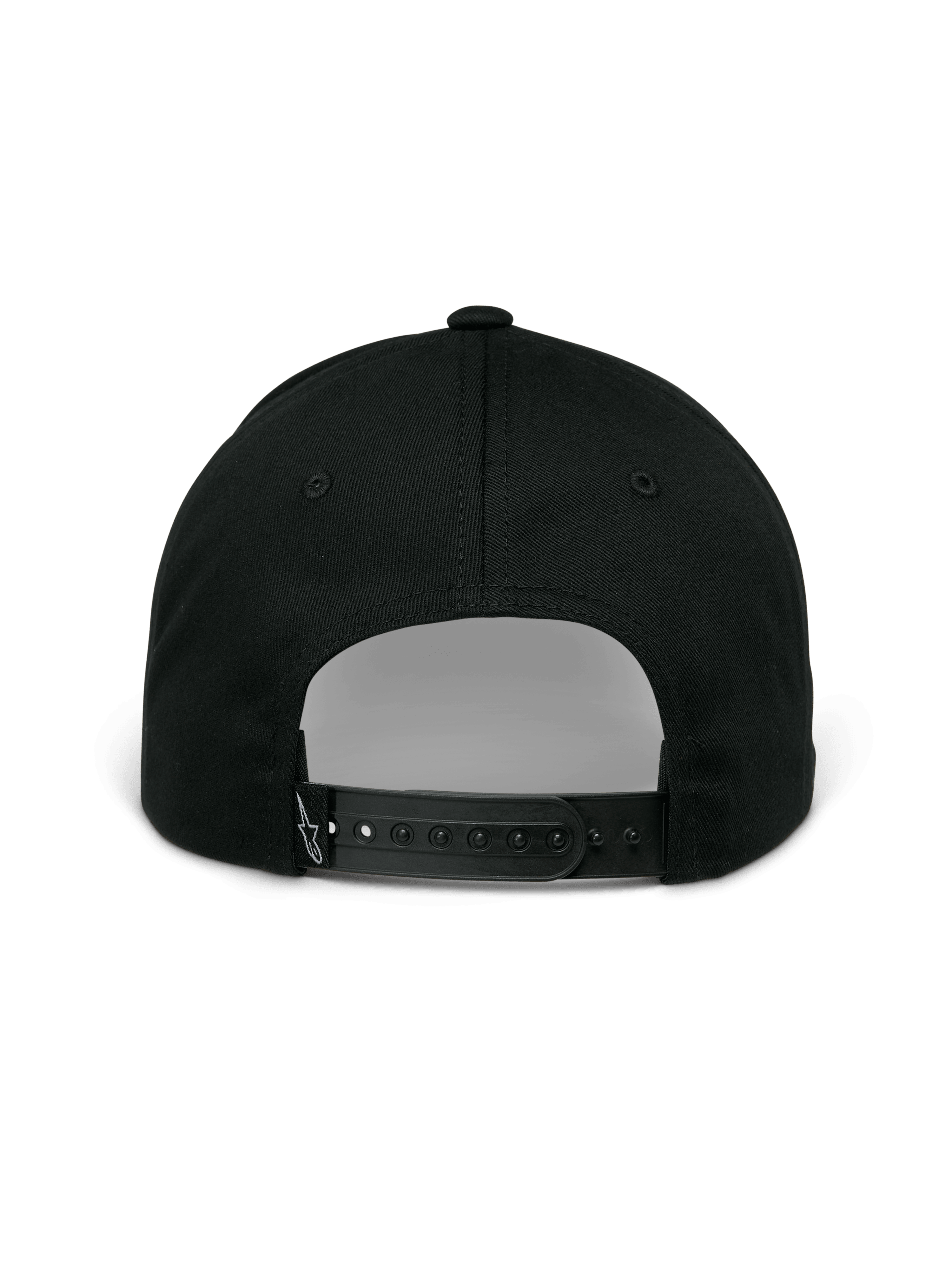 Casquette Alpinestars Profile, noire, vue arrière montrant la fermeture snapback réglable, la couronne structurée et le petit logo blanc brodé sur la sangle arrière, style sportswear décontracté.