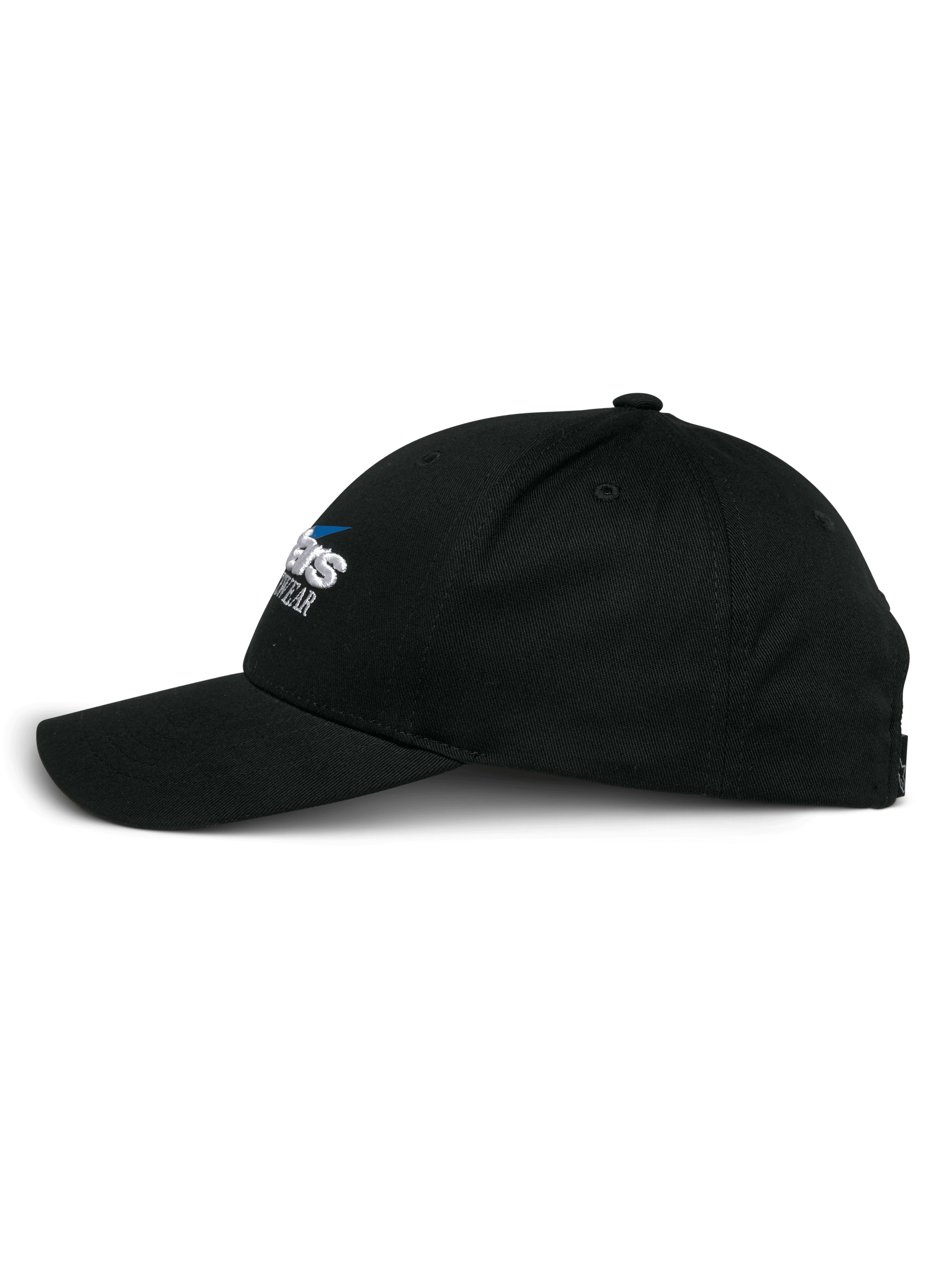 Casquette Profile Alpinestars, casquette Snapback, noir, vue de profil latéral, couronne structurée avec visière courbée, logo Alpinestars brodé, couvre-chef décontracté inspiré du sport automobile