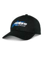 Alpinestars Profile Hat, casquette de baseball noire, broderie Astars Racewear bleue et blanche, couronne structurée avec visière courbée, couvre-chef décontracté pour sports mécaniques