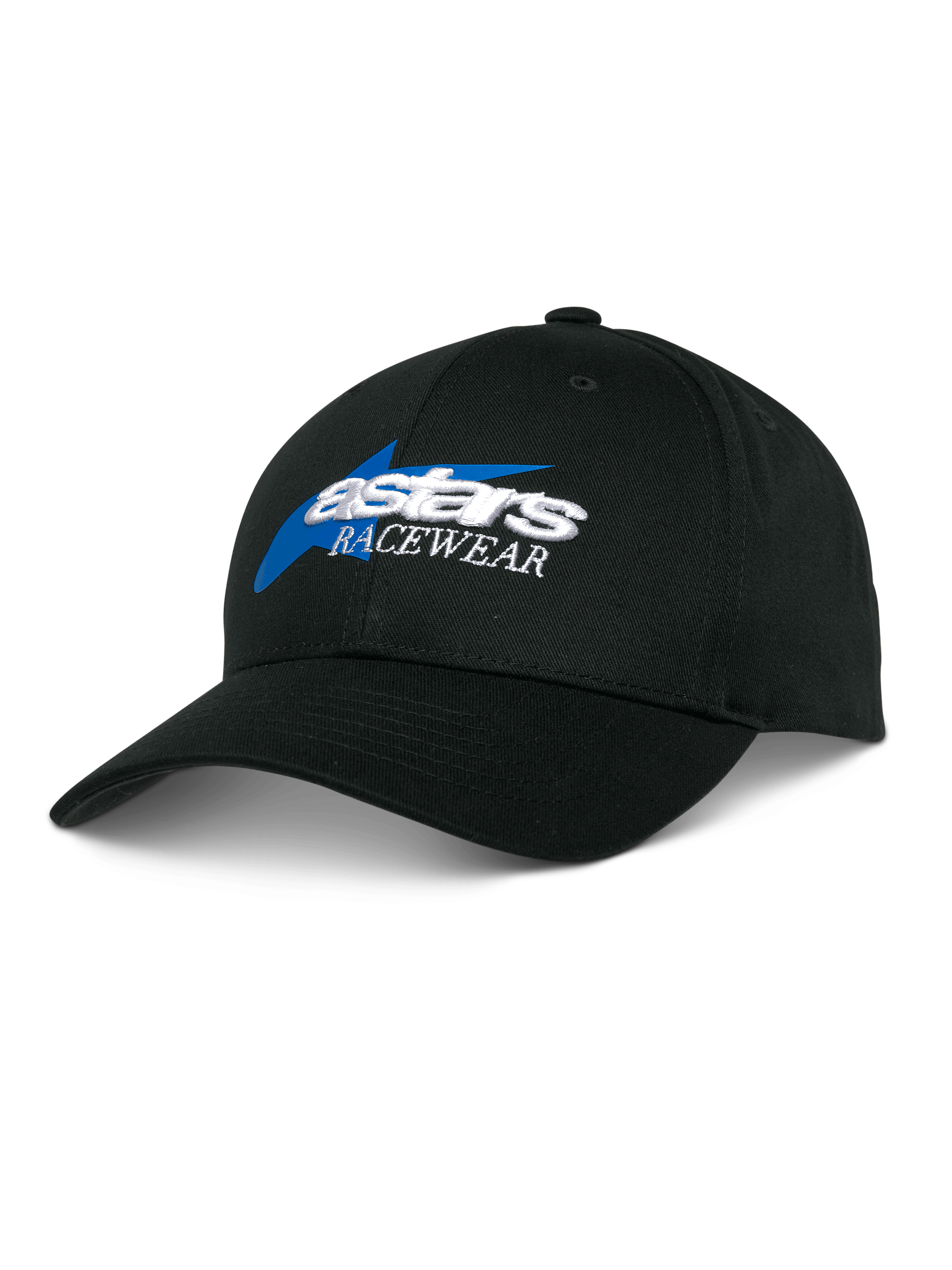 Alpinestars Profile Hat, casquette de baseball noire, broderie Astars Racewear bleue et blanche, couronne structurée avec visière courbée, couvre-chef décontracté pour sports mécaniques
