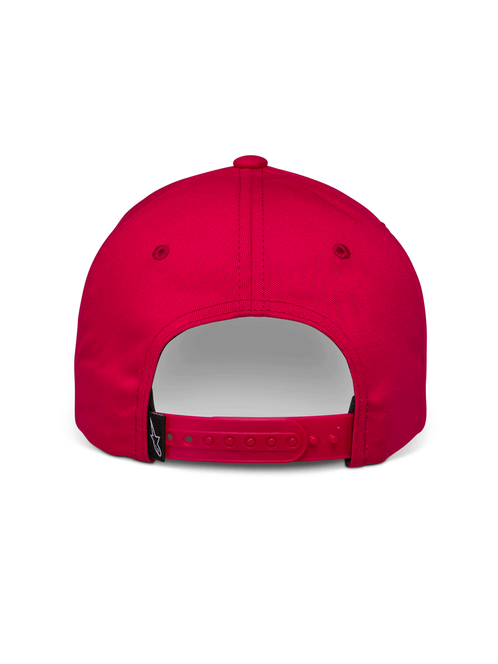 Alpinestars Profile Hat, Red Snapback Cap, Back View showing adjustable strap and small black Alpinestars logo tag, Cotton Twill, Casual Motorsport Accessory
