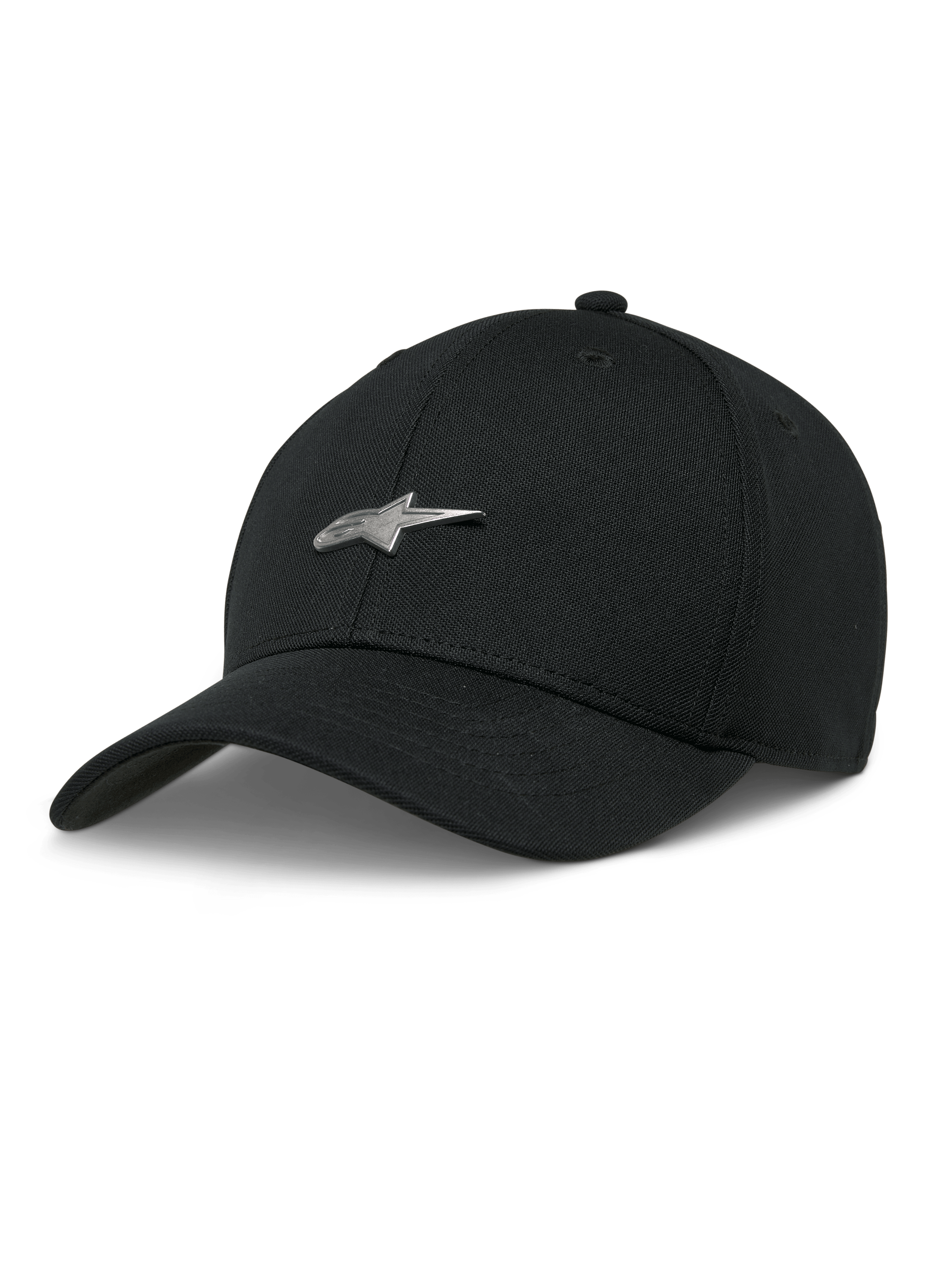 Casquette Alpinestars Metal Logo, casquette de baseball noire, logo étoile en métal argenté 3D, visière courbée, couronne structurée, style motorsport décontracté