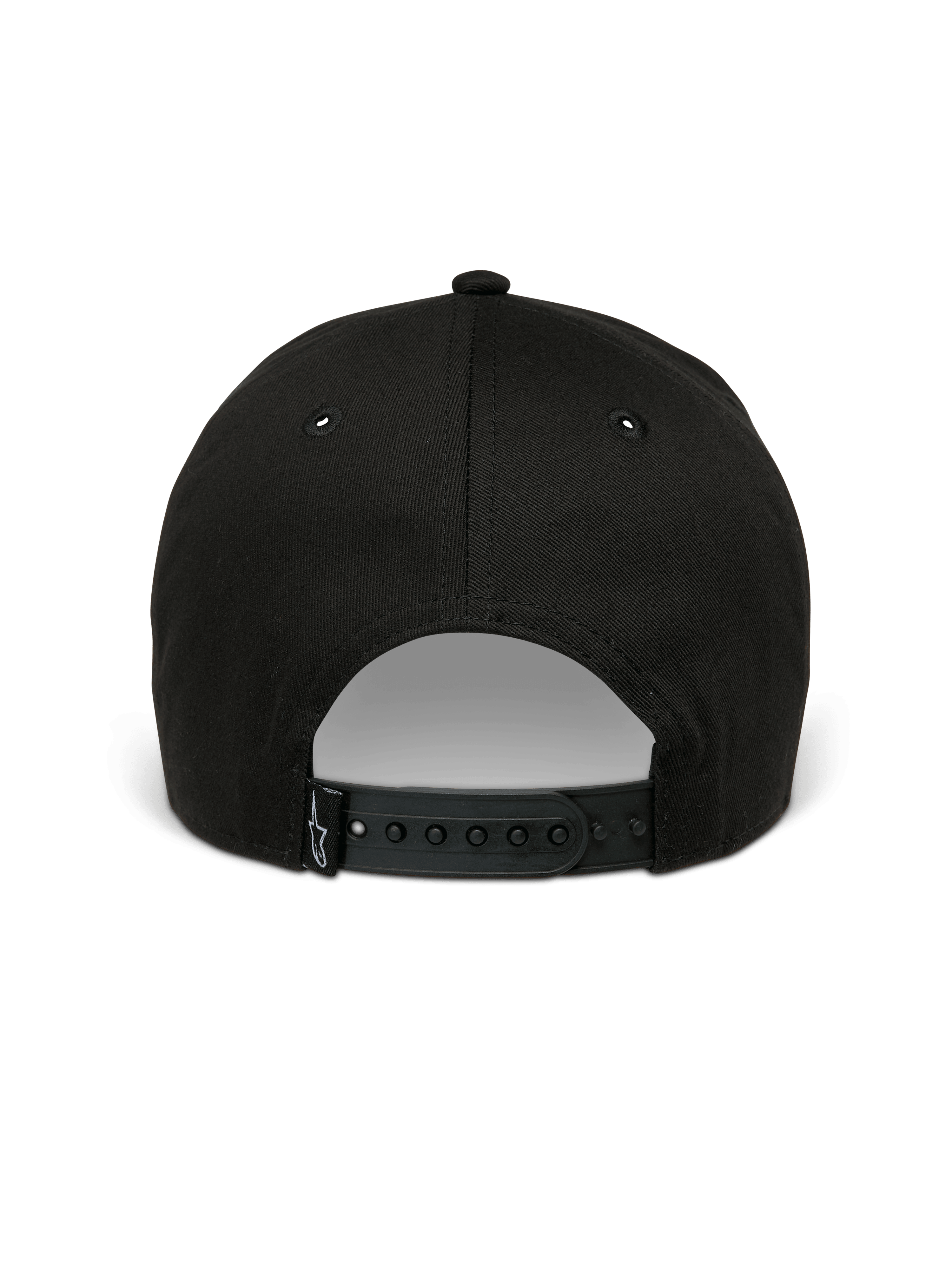 Casquette Alpinestars Canyon, casquette snapback noire, vue arrière avec fermeture snapback réglable et petite étiquette tissée du logo Astars, sergé 100 % coton, style motorsport décontracté