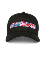 Casquette Alpinestars Canyon, casquette de baseball snapback noire, visière courbée et couronne structurée, logo Astars sur le devant avec broderie au remplissage camouflage, sportswear décontracté