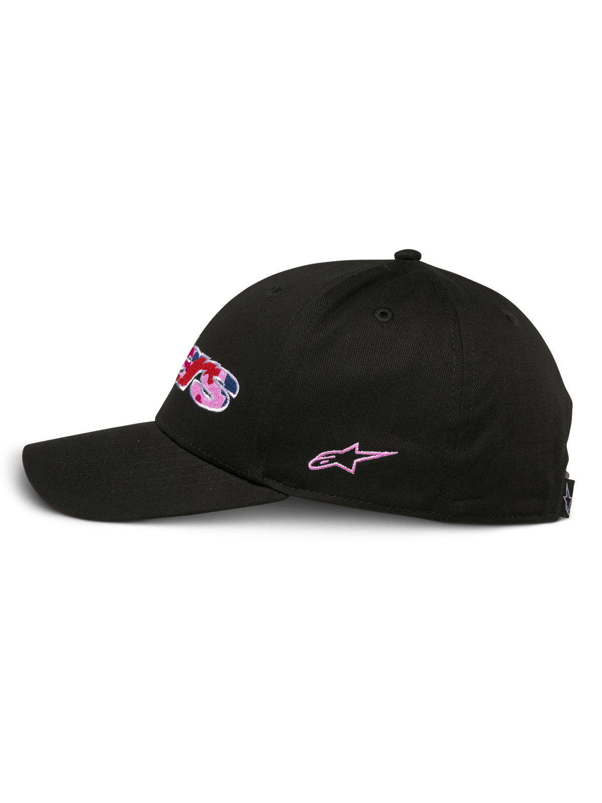 Casquette Alpinestars Canyon, casquette snapback noire, vue de profil, couronne structurée avec visière courbée, logo Astars brodé sur le devant avec remplissage camouflage et accents roses, broderie étoile rose sur le côté, style motorsport décontracté