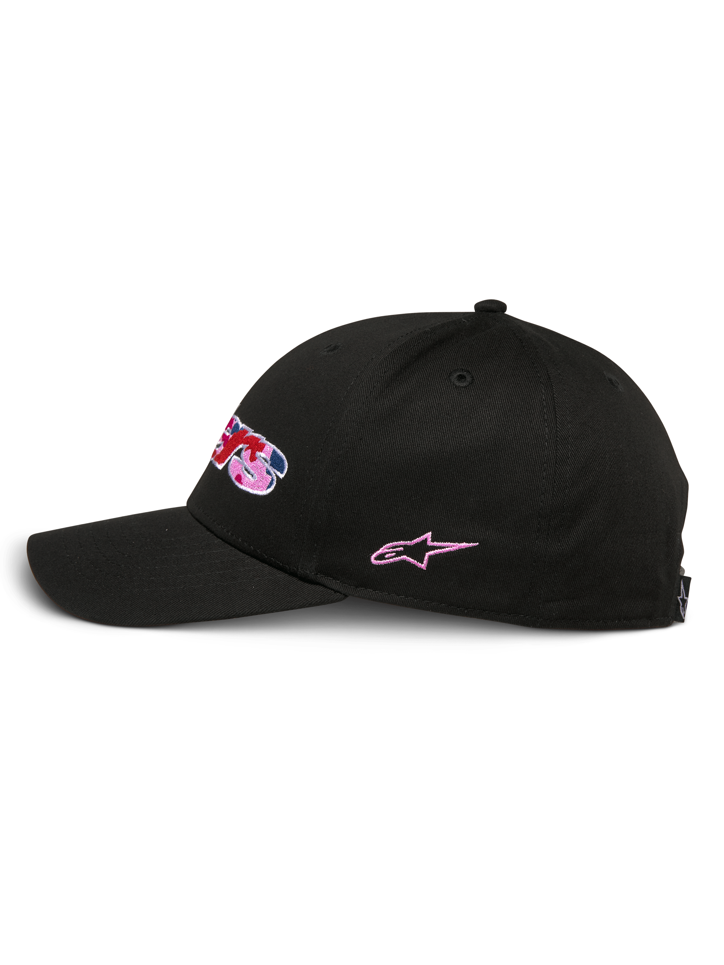 Casquette Alpinestars Canyon, casquette snapback noire, vue de profil, couronne structurée avec visière courbée, logo Astars brodé sur le devant avec remplissage camouflage et accents roses, broderie étoile rose sur le côté, style motorsport décontracté