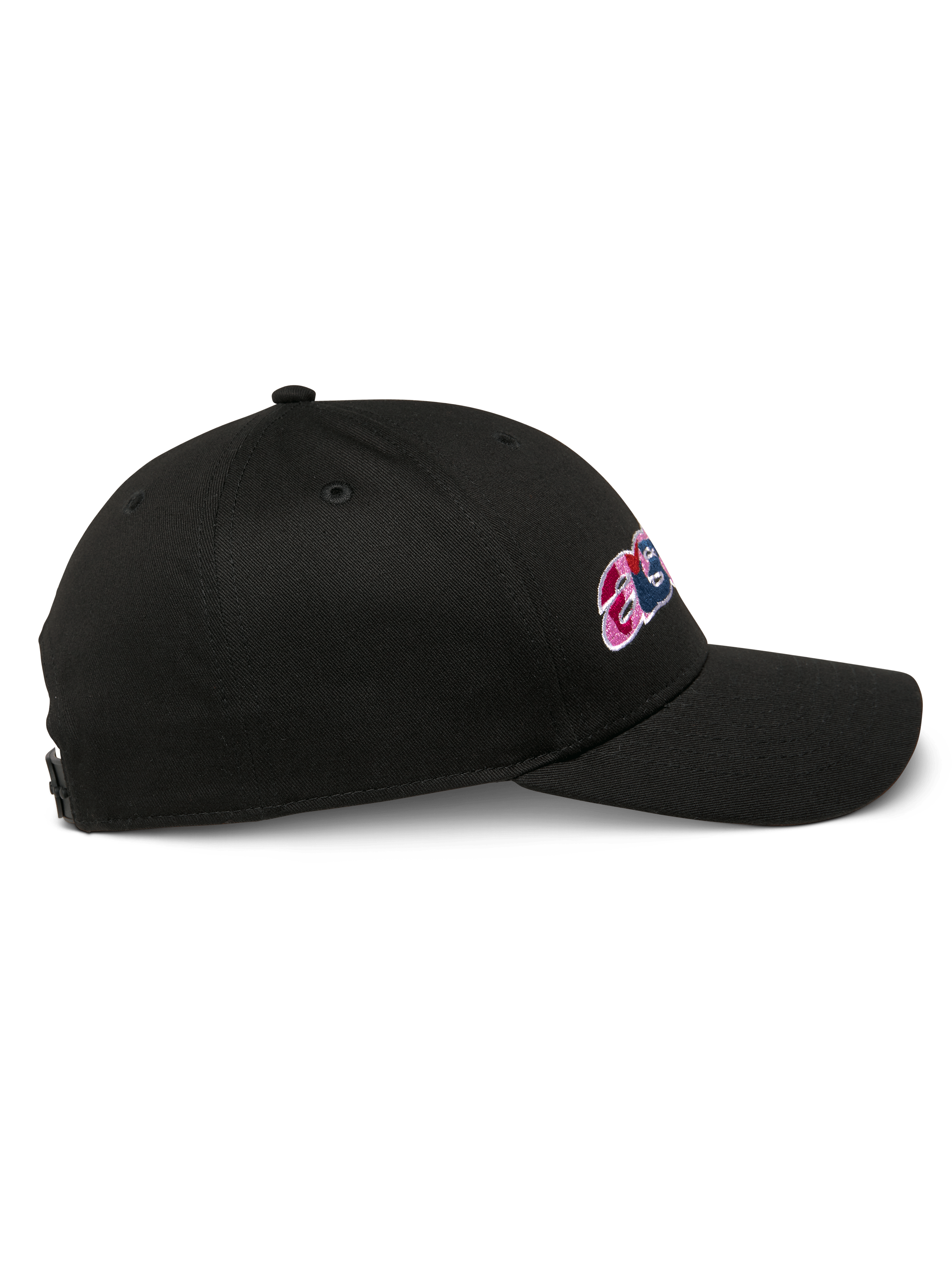 Casquette Alpinestars Canyon, casquette snapback noire, vue de profil, visière courbée, avec broderie latérale et couronne structurée, style motorsport décontracté