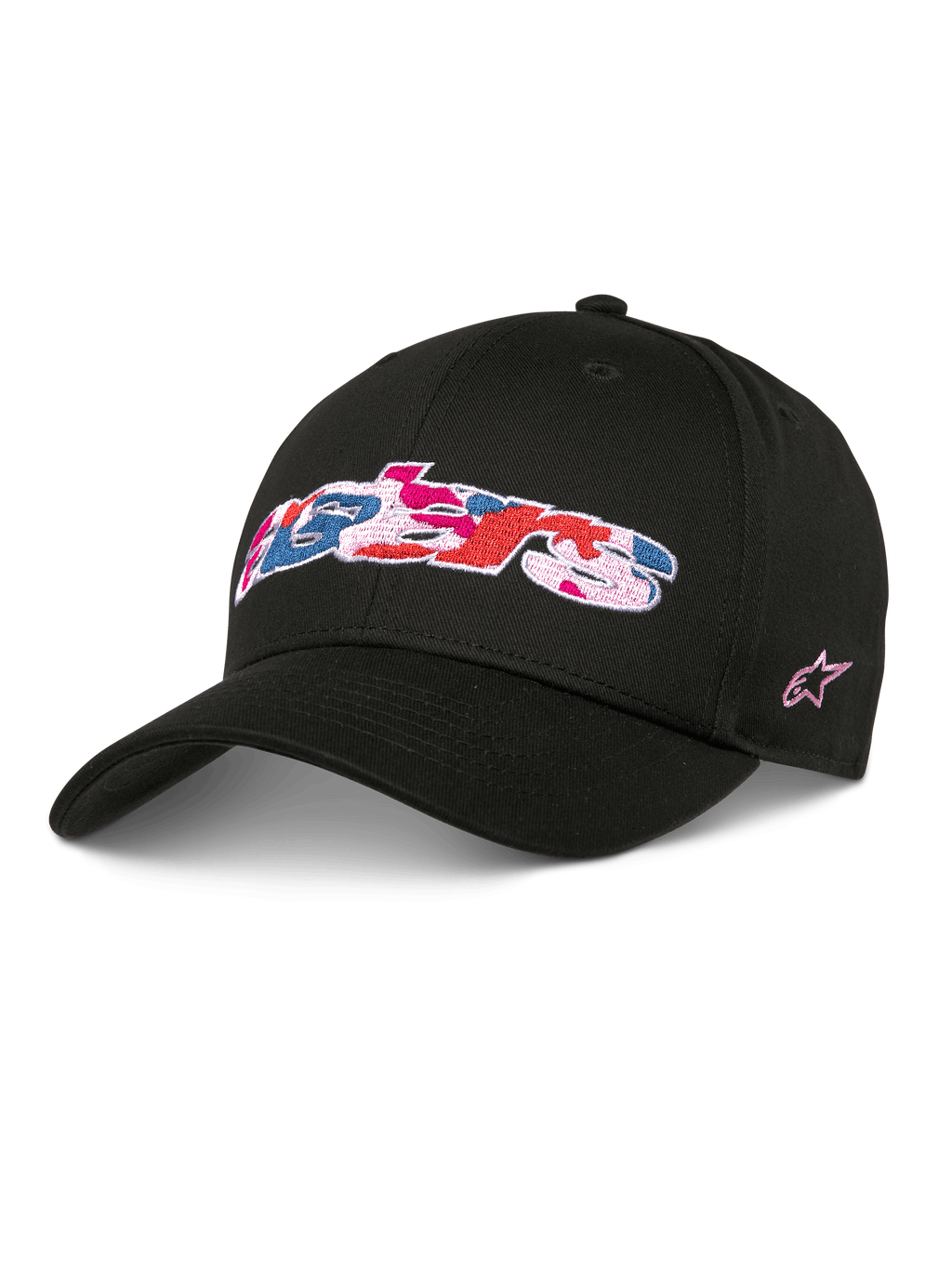 Alpinestars Canyon Hat, casquette de baseball snapback noire, visière courbée et couronne structurée, logo Astars sur le devant avec broderie camouflage rose, bleu et rouge, logo étoile rose sur le côté, streetwear décontracté en sergé de coton