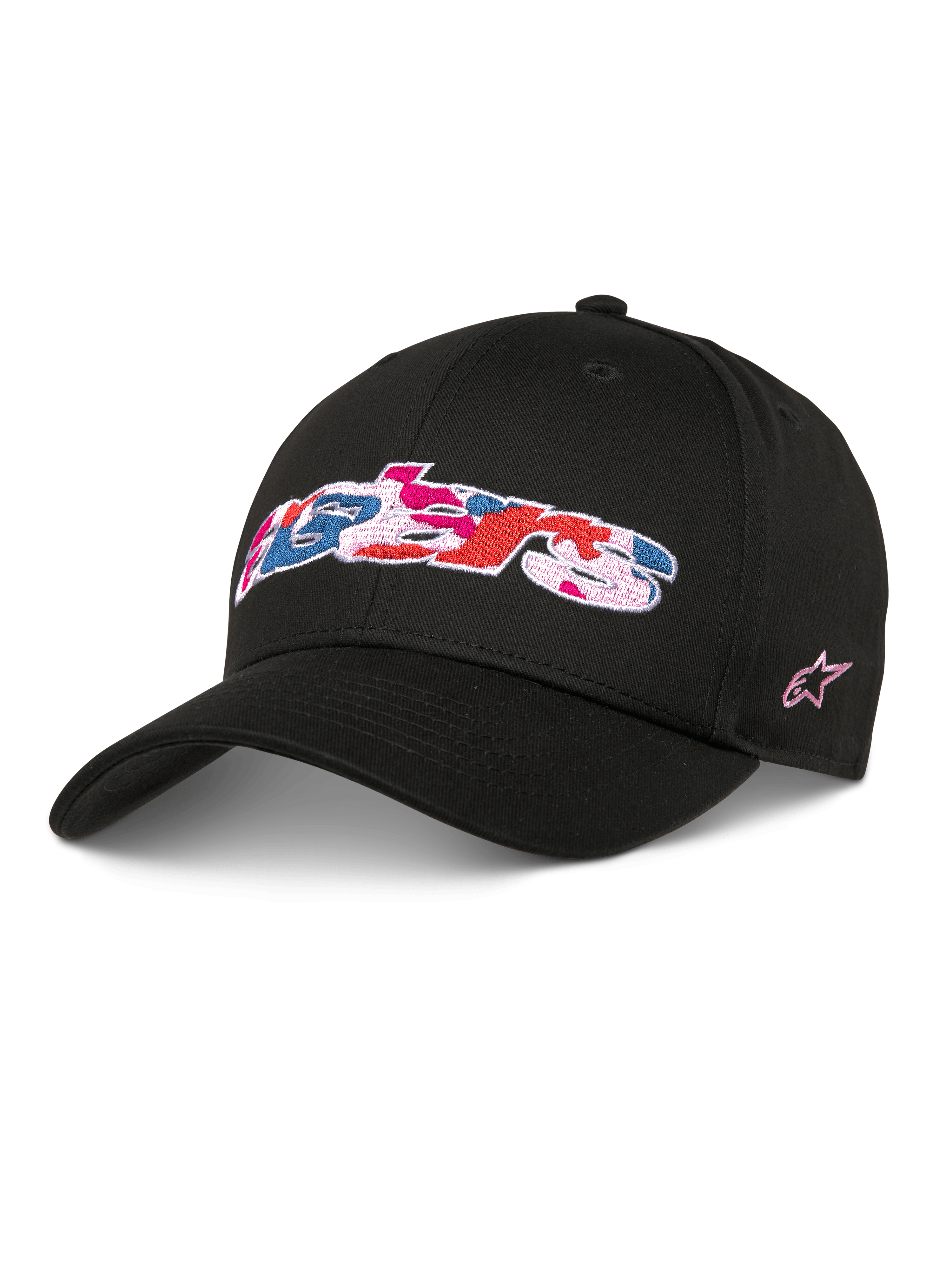 Alpinestars Canyon Hat, casquette de baseball snapback noire, visière courbée et couronne structurée, logo Astars sur le devant avec broderie camouflage rose, bleu et rouge, logo étoile rose sur le côté, streetwear décontracté en sergé de coton