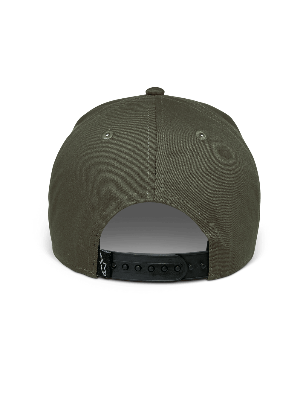 Casquette Alpinestars Canyon, Vert Militaire, vue arrière montrant la fermeture snapback noire réglable, couronne structurée en tissu sergé de coton, petite étiquette tissée noire avec logo Astars blanc, accessoire décontracté style sport mécanique