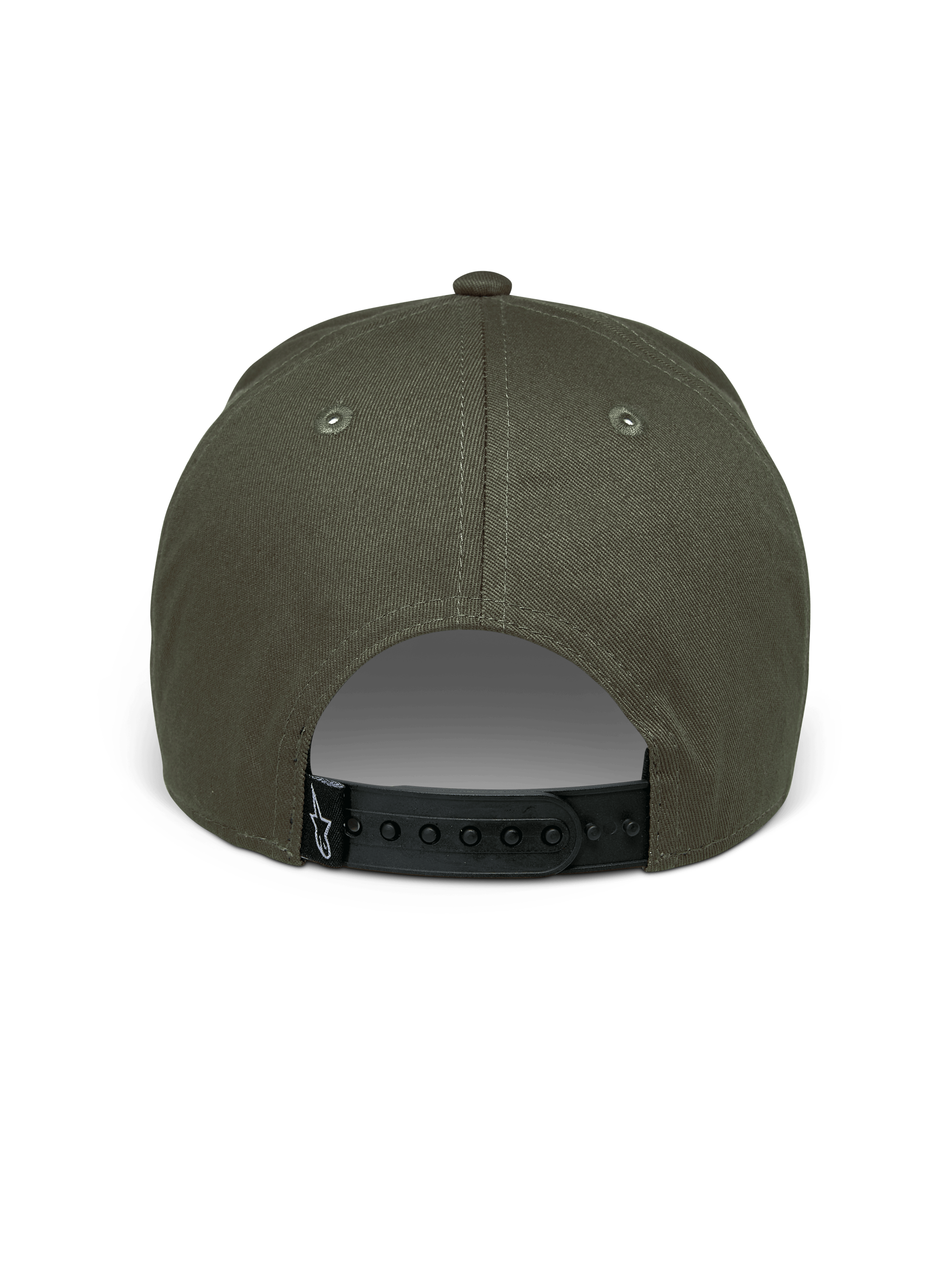 Casquette Alpinestars Canyon, Vert Militaire, vue arrière montrant la fermeture snapback noire réglable, couronne structurée en tissu sergé de coton, petite étiquette tissée noire avec logo Astars blanc, accessoire décontracté style sport mécanique
