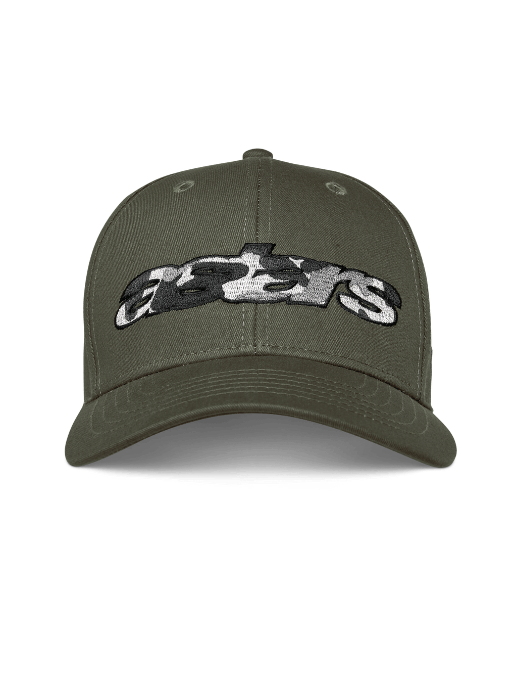 Alpinestars Canyon Hat, vert militaire, casquette snapback à visière courbée, logo Astars brodé sur le devant avec remplissage camouflage, streetwear décontracté motorsport