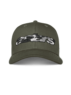Alpinestars Canyon Hat, vert militaire, casquette snapback à visière courbée, logo Astars brodé sur le devant avec remplissage camouflage, streetwear décontracté motorsport