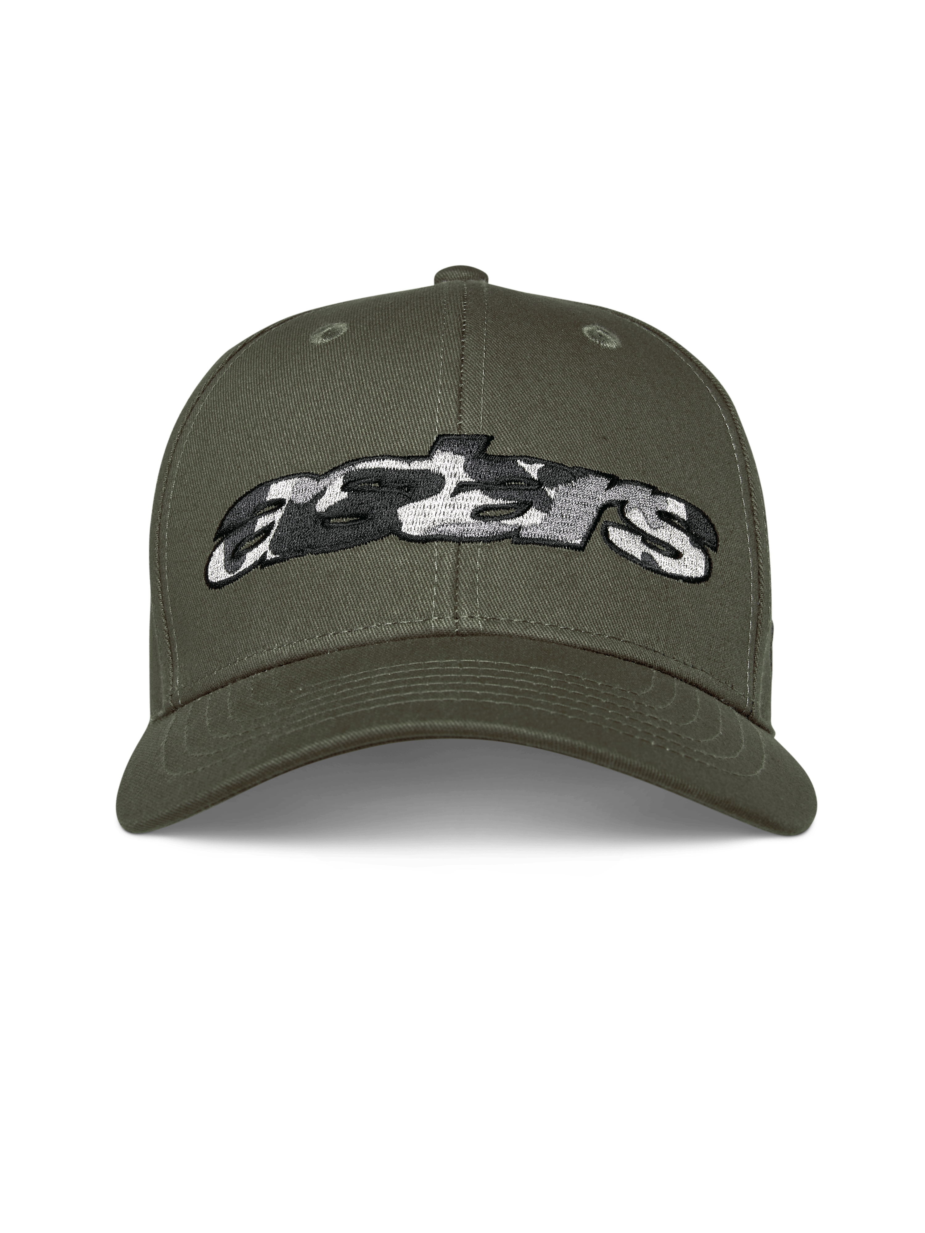 Alpinestars Canyon Hat, vert militaire, casquette snapback à visière courbée, logo Astars brodé sur le devant avec remplissage camouflage, streetwear décontracté motorsport