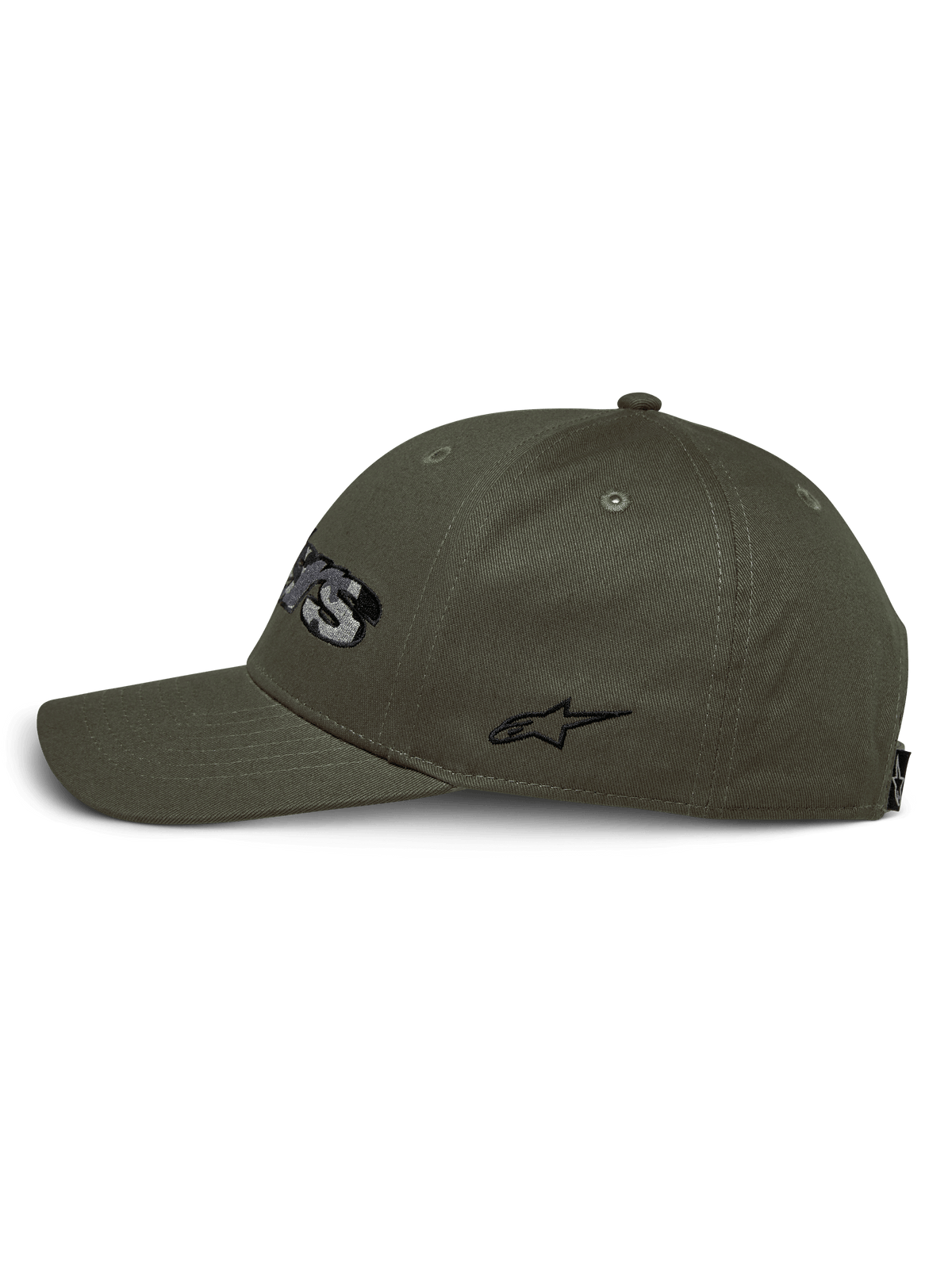 Casquette Canyon Alpinestars, vue de profil, vert militaire, visière courbée avec couronne structurée, tissu en sergé de coton, ornée d'un logo brodé noir sur le côté, look streetwear décontracté sport automobile