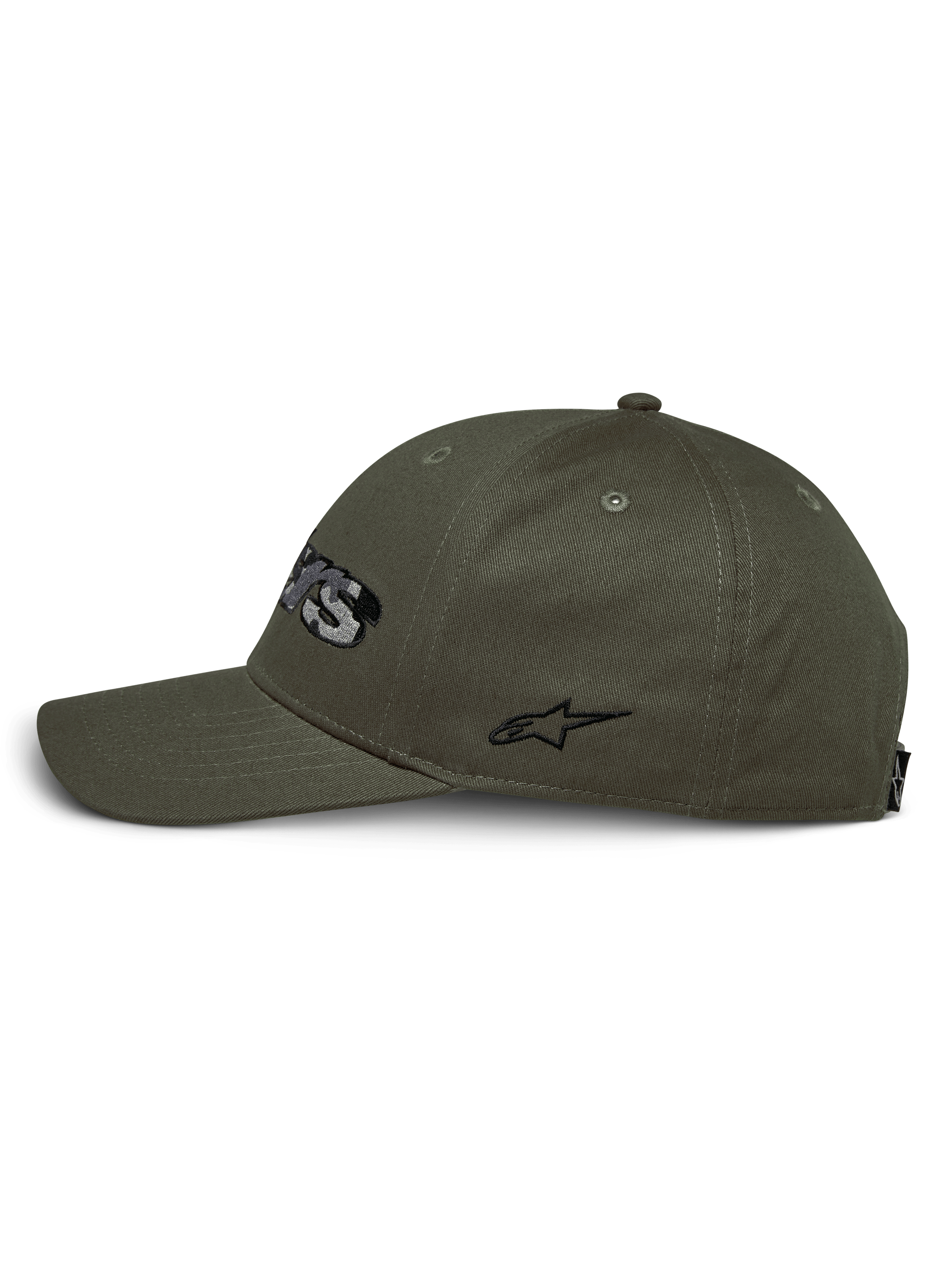 Casquette Canyon Alpinestars, vue de profil, vert militaire, visière courbée avec couronne structurée, tissu en sergé de coton, ornée d'un logo brodé noir sur le côté, look streetwear décontracté sport automobile