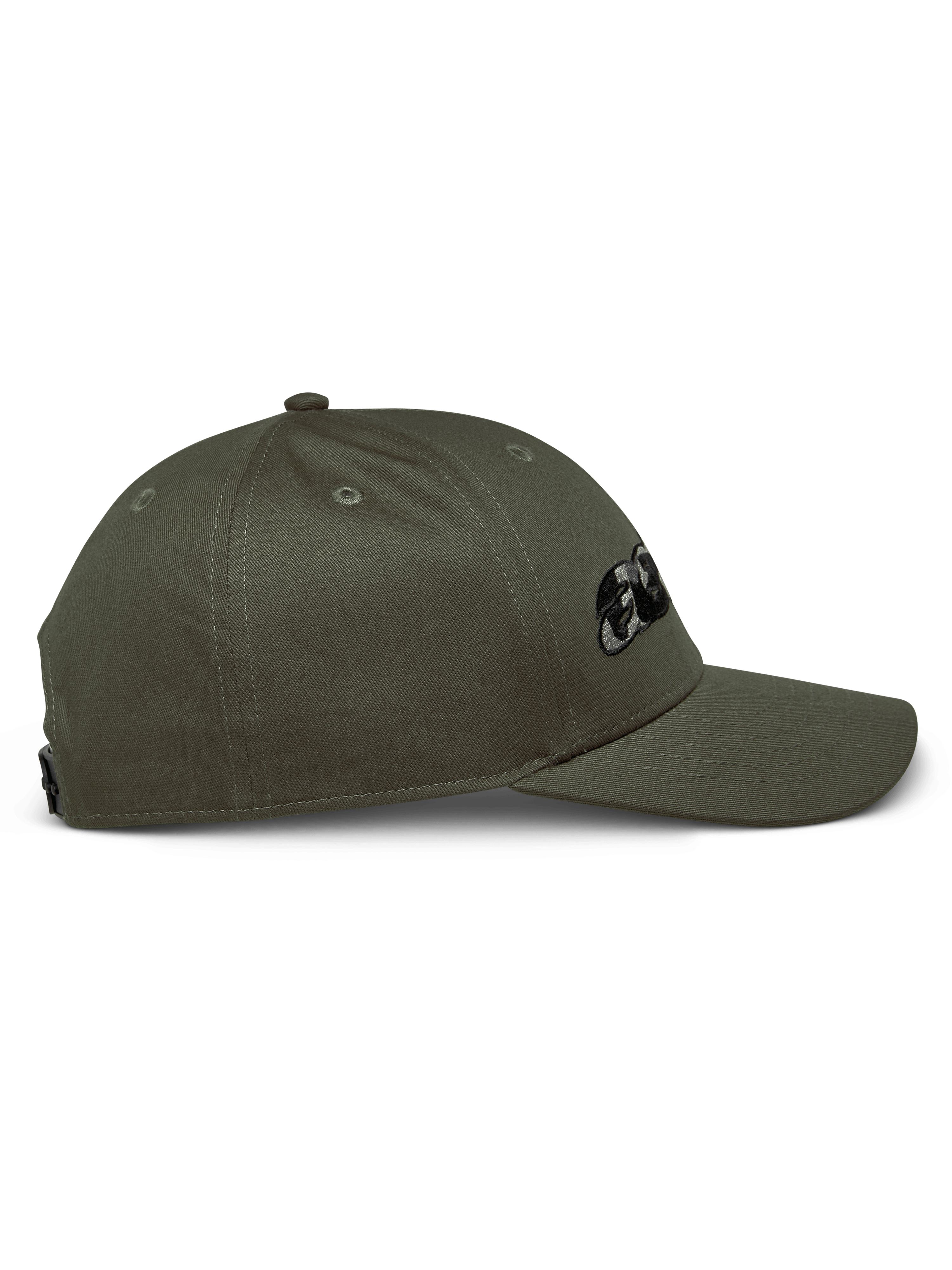 Casquette Canyon Alpinestars, vue de profil, vert militaire, couronne structurée avec visière courbée, logo Astars brodé avec remplissage camouflage, streetwear décontracté d'inspiration sport automobile