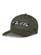 Casquette Alpinestars Canyon, casquette de baseball vert militaire, couronne structurée avec visière courbée, grand logo Astars avec motif camouflage sur le devant, broderie étoile sur le côté, style motorsport décontracté