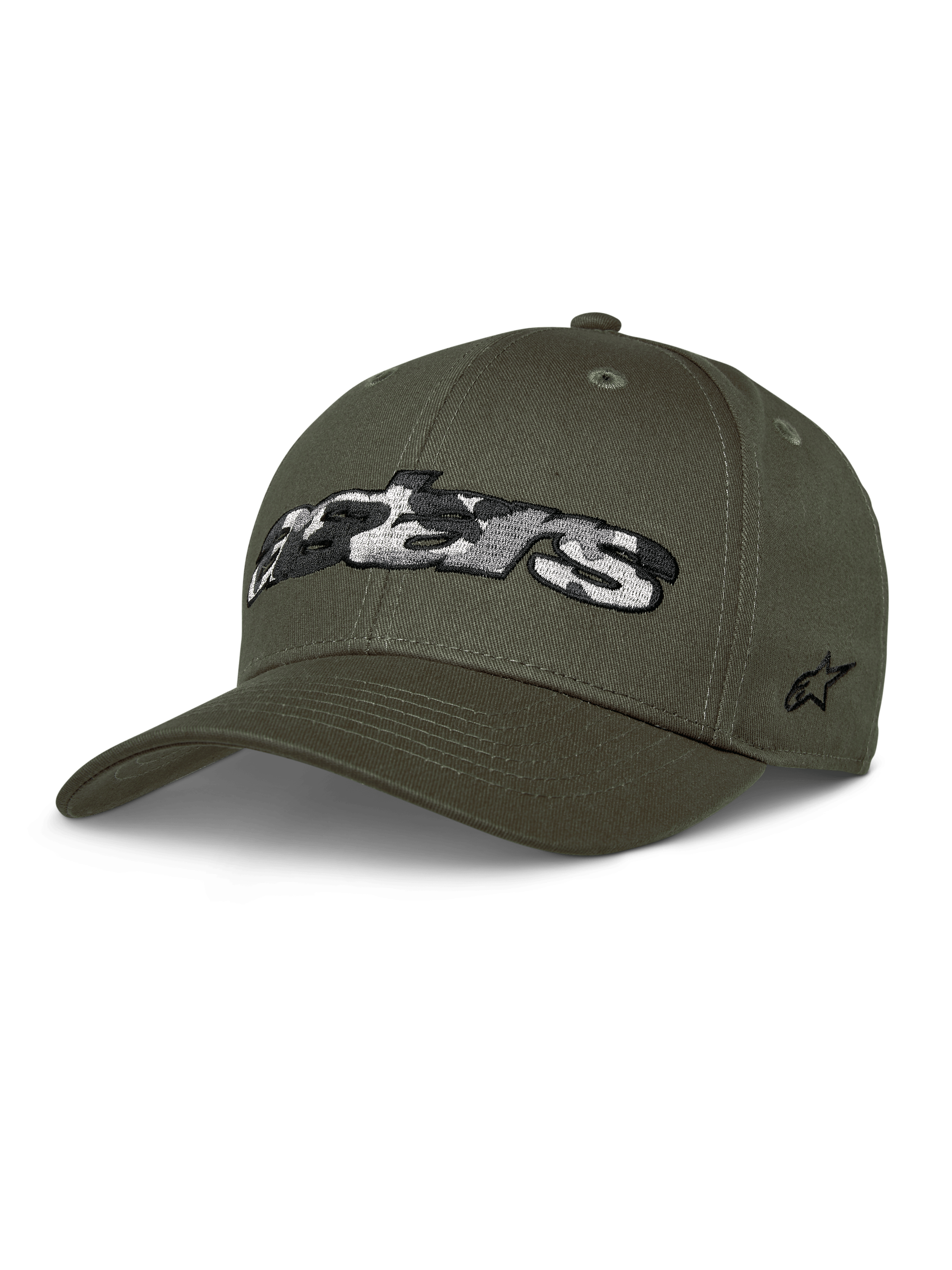 Casquette Alpinestars Canyon, casquette de baseball vert militaire, couronne structurée avec visière courbée, grand logo Astars avec motif camouflage sur le devant, broderie étoile sur le côté, style motorsport décontracté