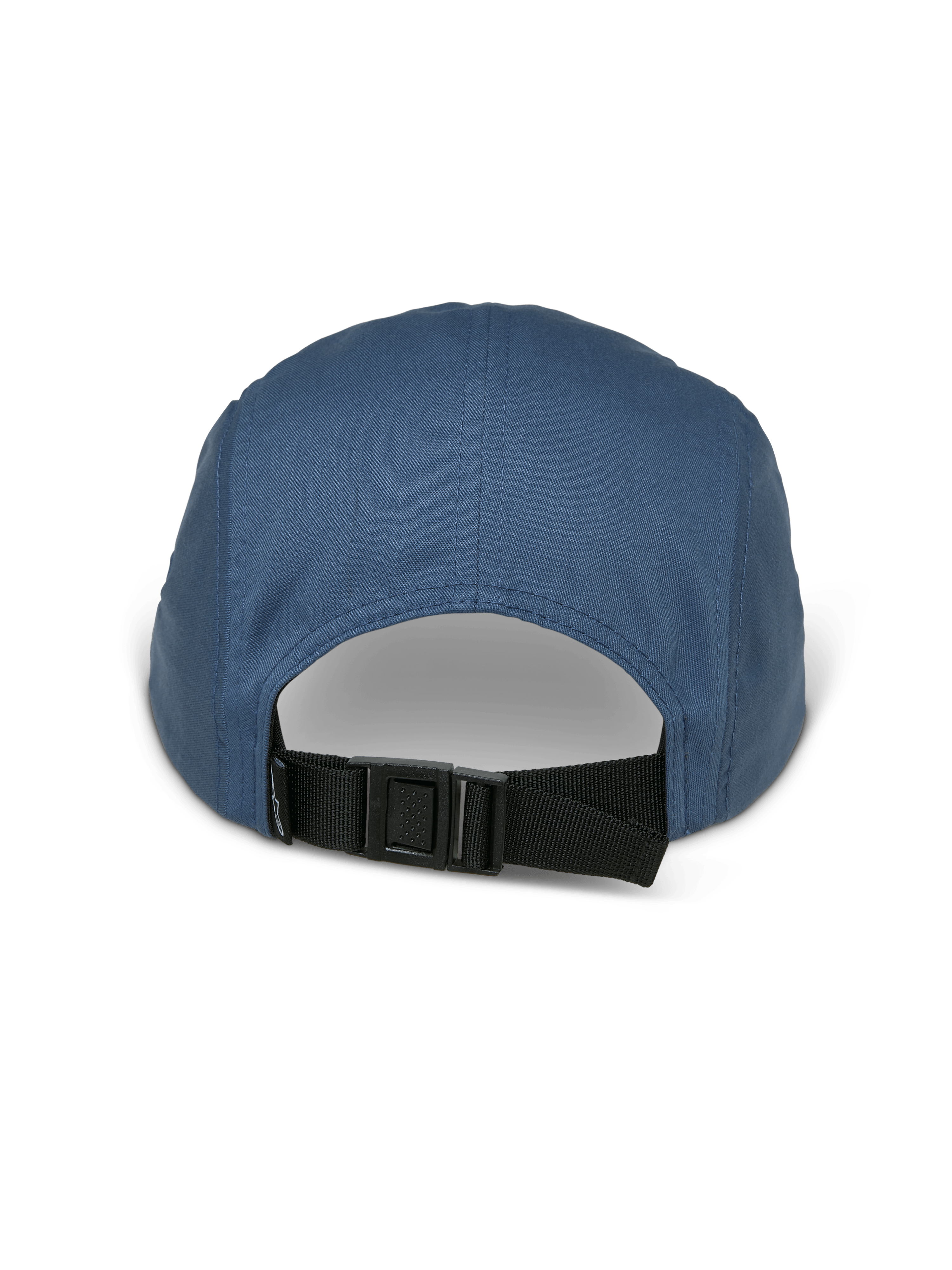 Casquette Peasy Alpinestars, casquette jockey à 5 panneaux, bleu, vue arrière montrant la sangle réglable avec boucle à clip noire et couronne non structurée, tissu en sergé, style streetwear décontracté inspiré des sports mécaniques
