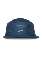 Casquette Alpinestars Peasy, casquette jockey à 5 panneaux, bleu, visière plate et couronne non structurée, graphique blanc à l'avant avec logo et texte « Since 1963 », couvre-chef décontracté d'inspiration sport automobile