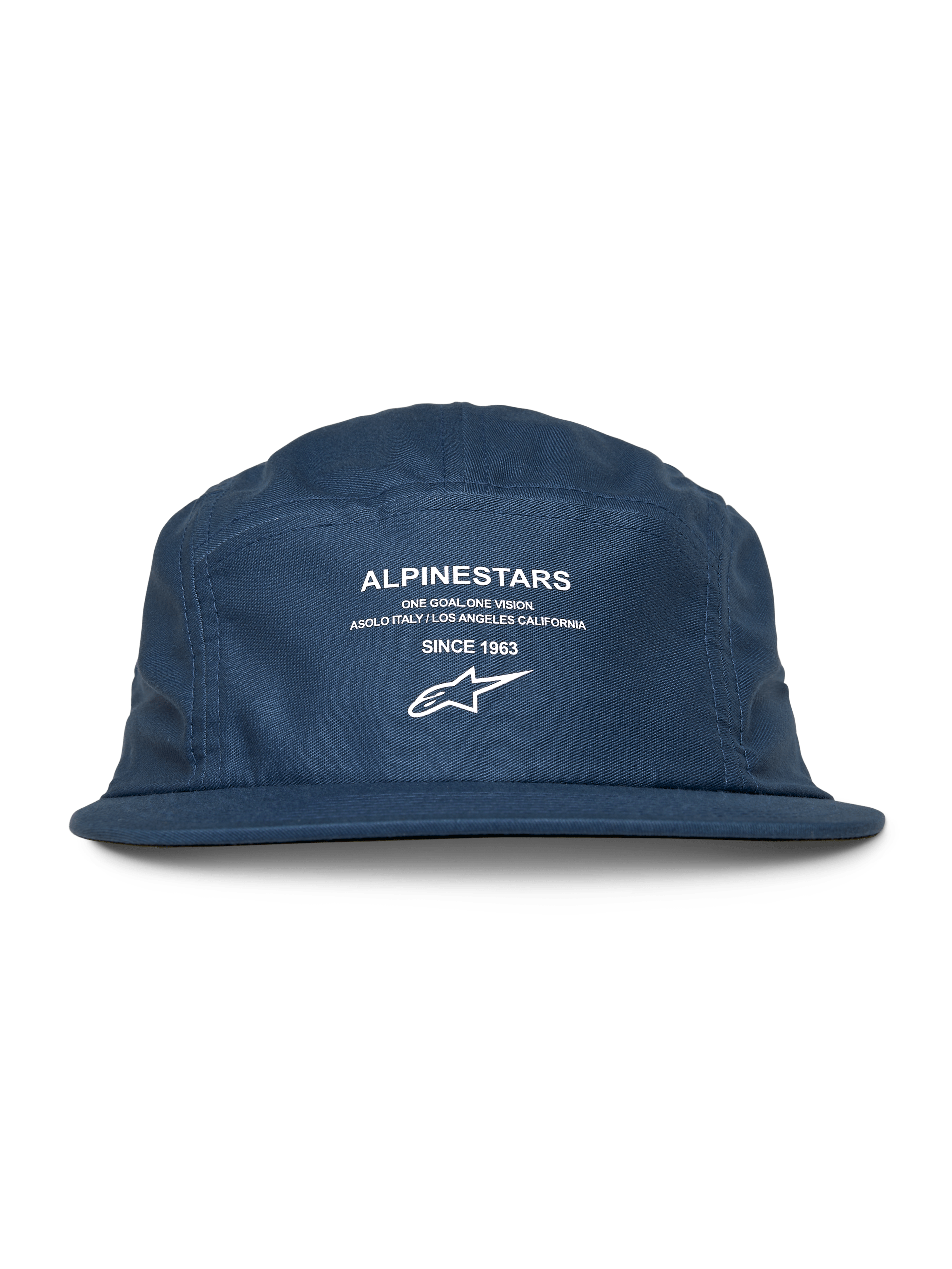 Casquette Alpinestars Peasy, casquette jockey à 5 panneaux, bleu, visière plate et couronne non structurée, graphique blanc à l'avant avec logo et texte « Since 1963 », couvre-chef décontracté d'inspiration sport automobile