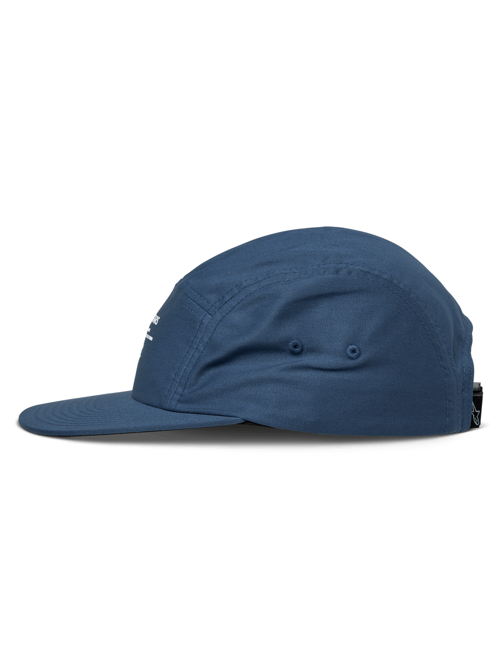 Casquette Alpinestars Peasy, casquette jockey à 5 panneaux, bleu, vue de profil latérale, visière plate, couronne non structurée, tissu en sergé, couvre-chef décontracté inspiré du sport automobile