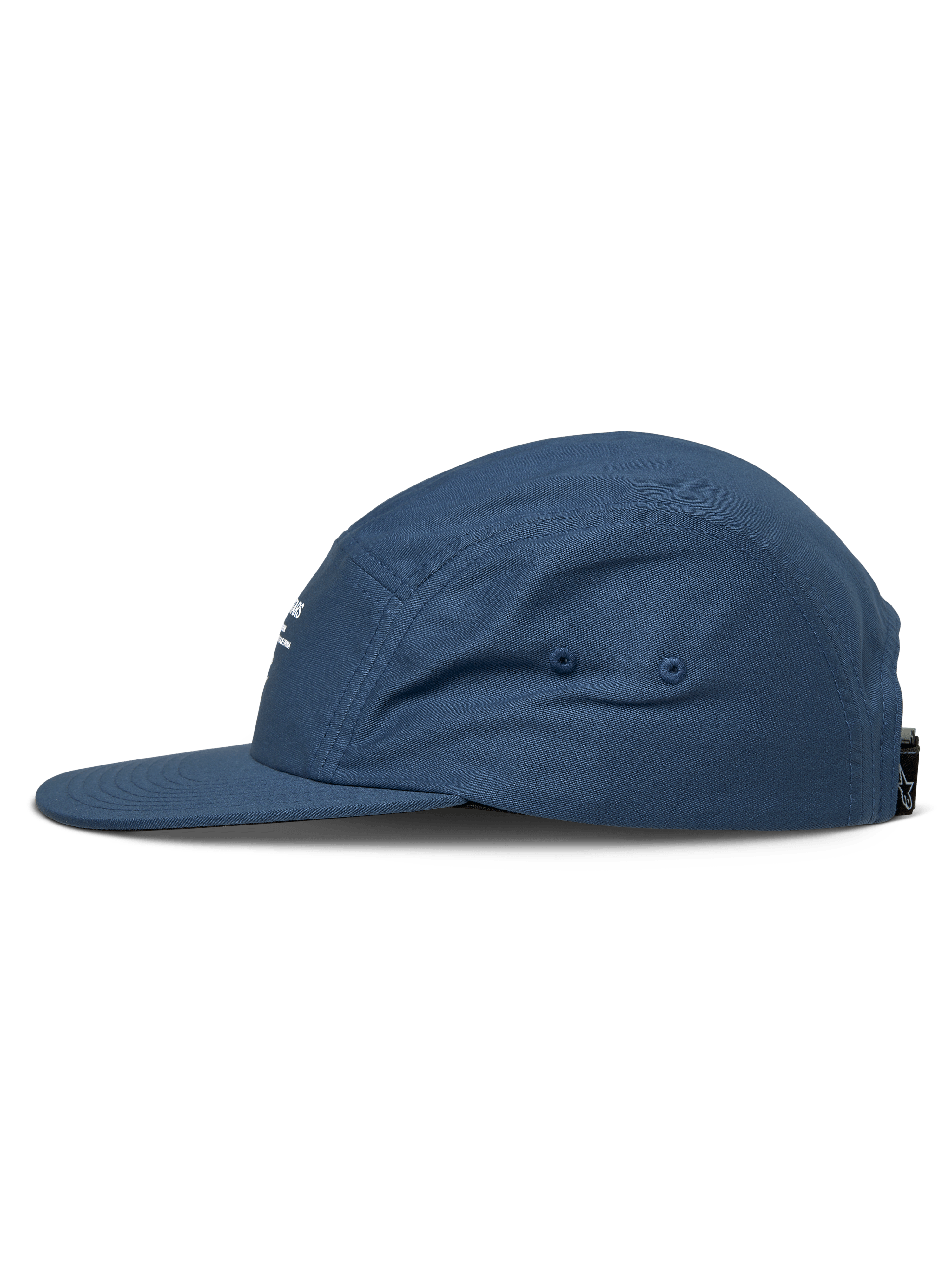Casquette Alpinestars Peasy, casquette jockey à 5 panneaux, bleu, vue de profil latérale, visière plate, couronne non structurée, tissu en sergé, couvre-chef décontracté inspiré du sport automobile