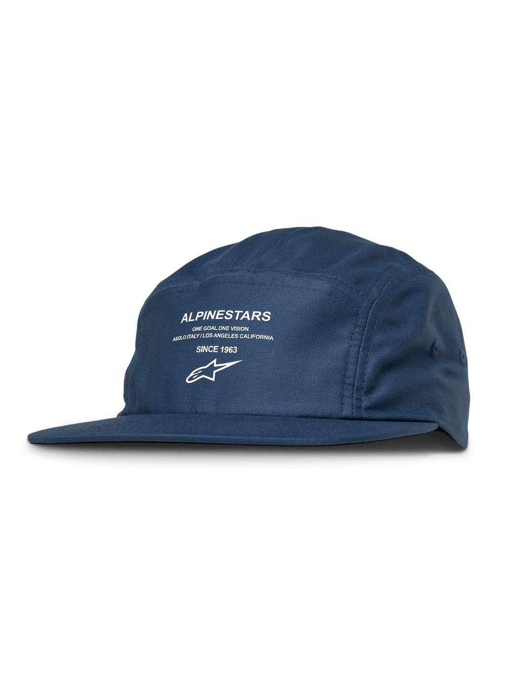 Alpinestars Peasy Hat, casquette jockey à 5 panneaux, bleu, motif graphique blanc avec logo et texte, visière plate, couronne non structurée, style motorsport streetwear décontracté