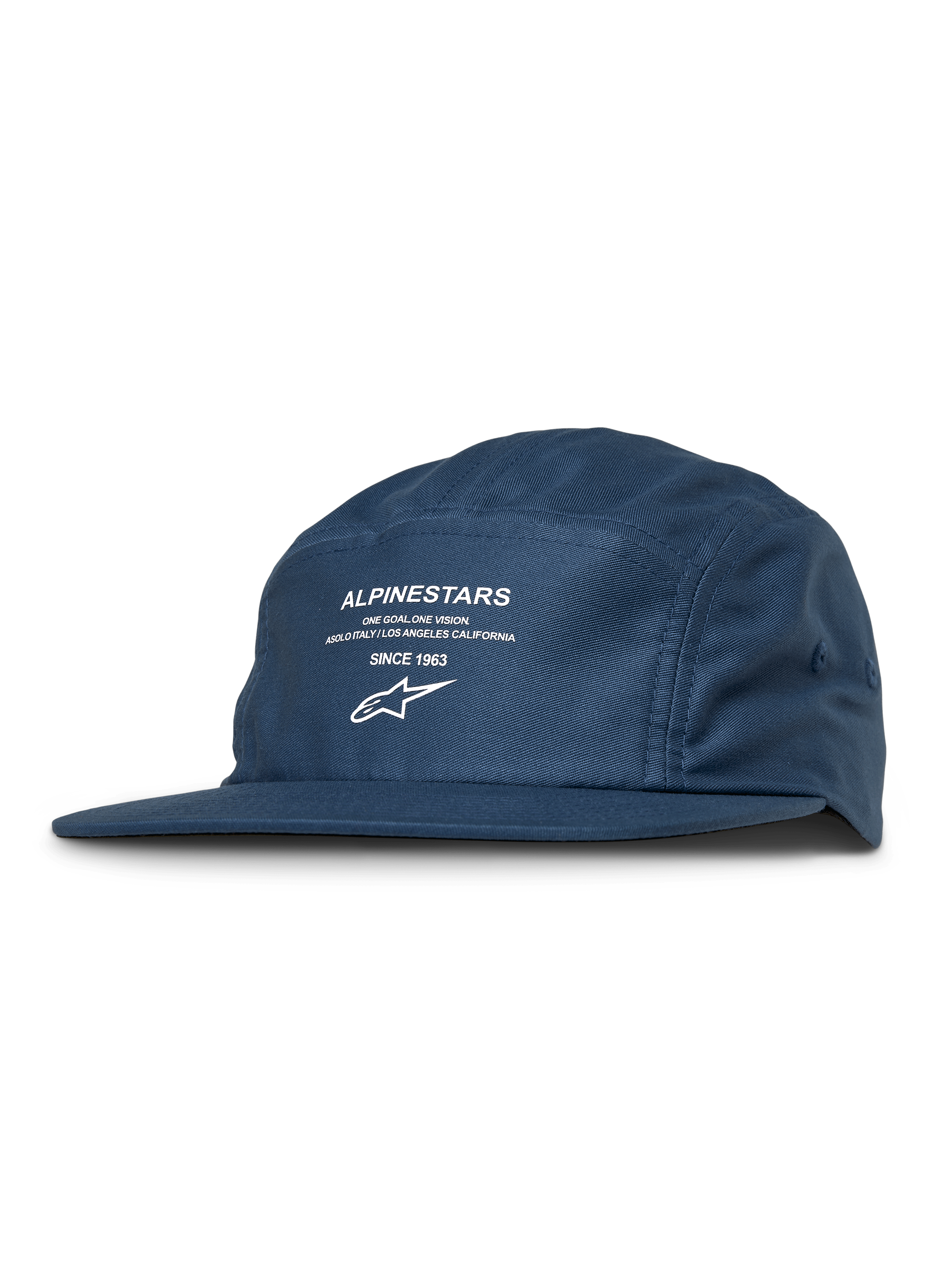 Alpinestars Peasy Hat, casquette jockey à 5 panneaux, bleu, motif graphique blanc avec logo et texte, visière plate, couronne non structurée, style motorsport streetwear décontracté