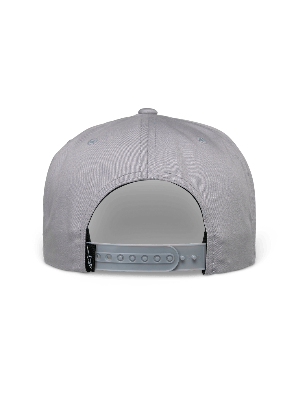 Casquette Alpinestars Glphy, casquette snapback, gris, vue arrière montrant la fermeture snapback réglable, étiquette logo tissée noire, couronne structurée pour un look streetwear décontracté