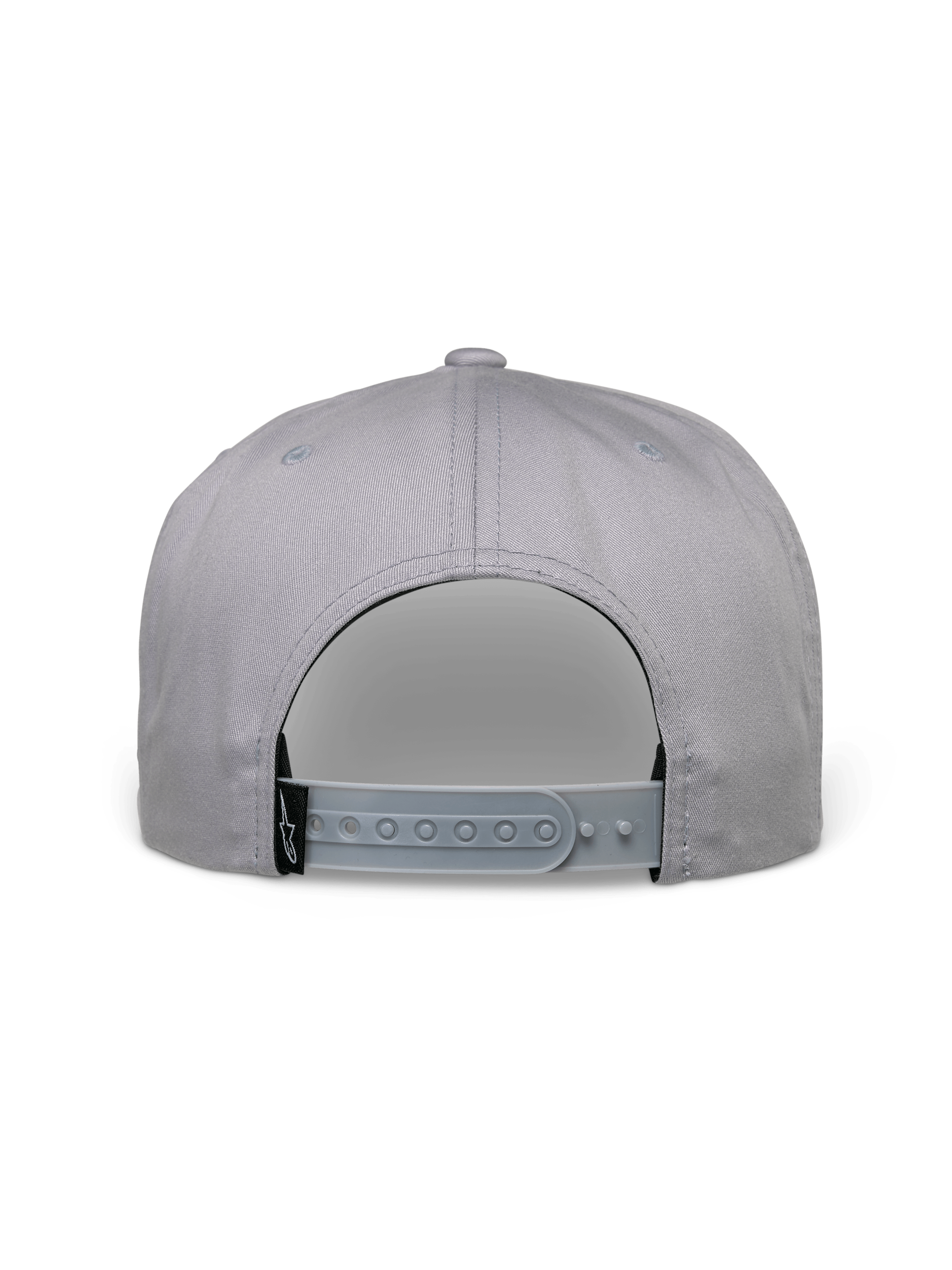 Casquette Alpinestars Glphy, casquette snapback, gris, vue arrière montrant la fermeture snapback réglable, étiquette logo tissée noire, couronne structurée pour un look streetwear décontracté