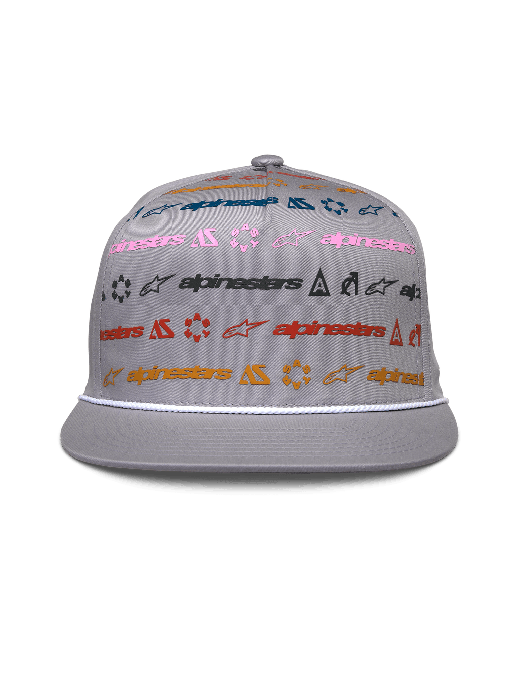 Casquette Alpinestars Glphy, snapback grise à visière plate, couronne structurée avec imprimé de logos horizontaux multicolores, garniture en corde blanche sur la visière, couvre-chef décontracté d'inspiration motorsport