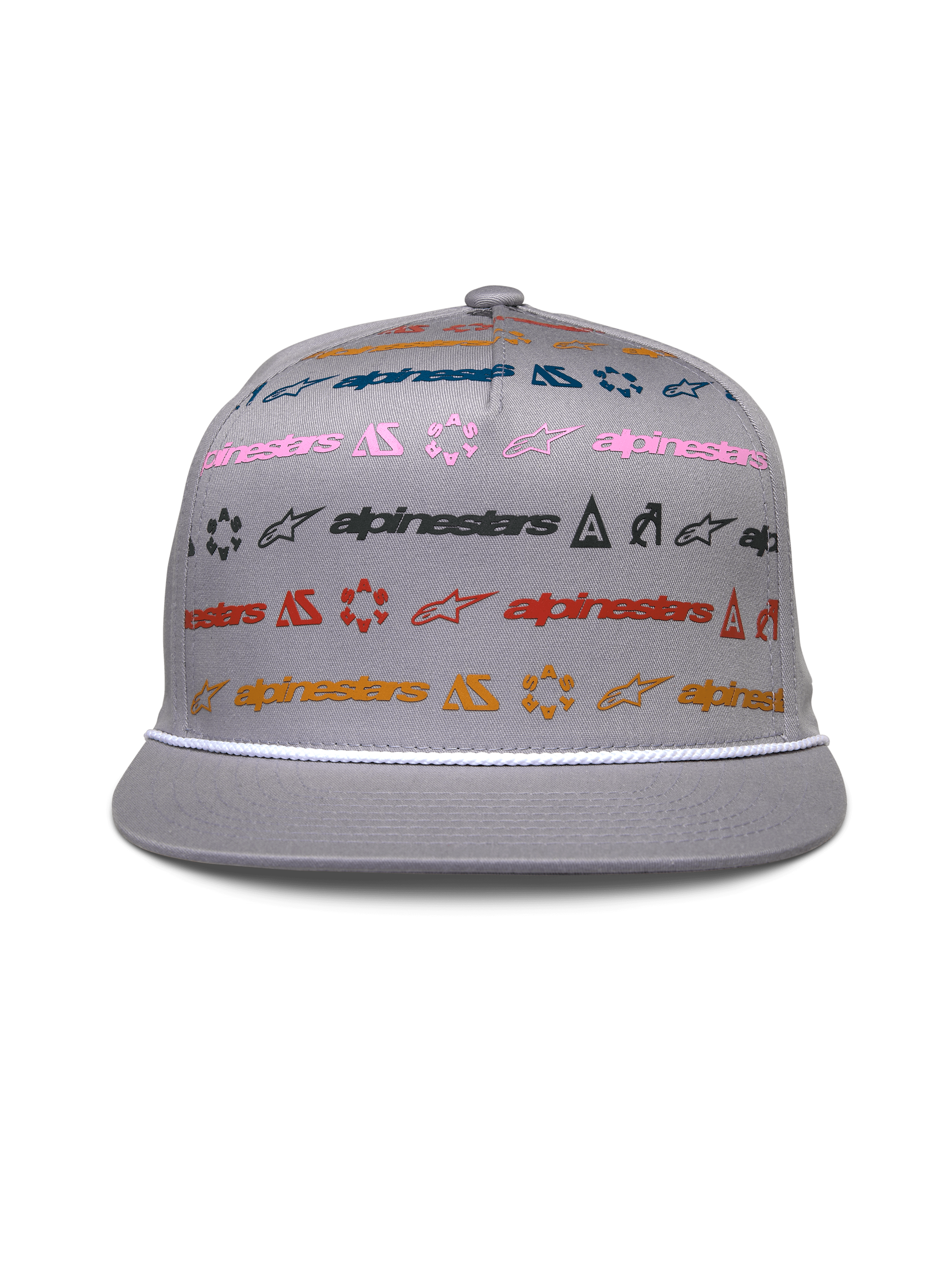 Casquette Alpinestars Glphy, snapback grise à visière plate, couronne structurée avec imprimé de logos horizontaux multicolores, garniture en corde blanche sur la visière, couvre-chef décontracté d'inspiration motorsport