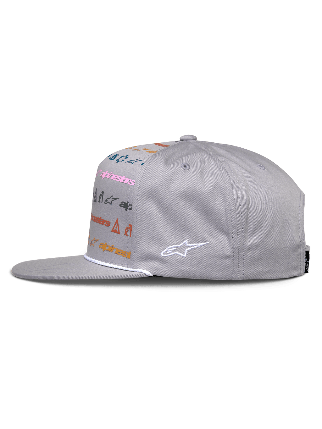 Casquette Alpinestars Glphy, casquette snapback grise, vue de profil, visière plate avec garniture en corde blanche, dotée d'une impression de logos multicolores à l'avant et d'un logo blanc brodé sur le côté, streetwear motorsport décontracté