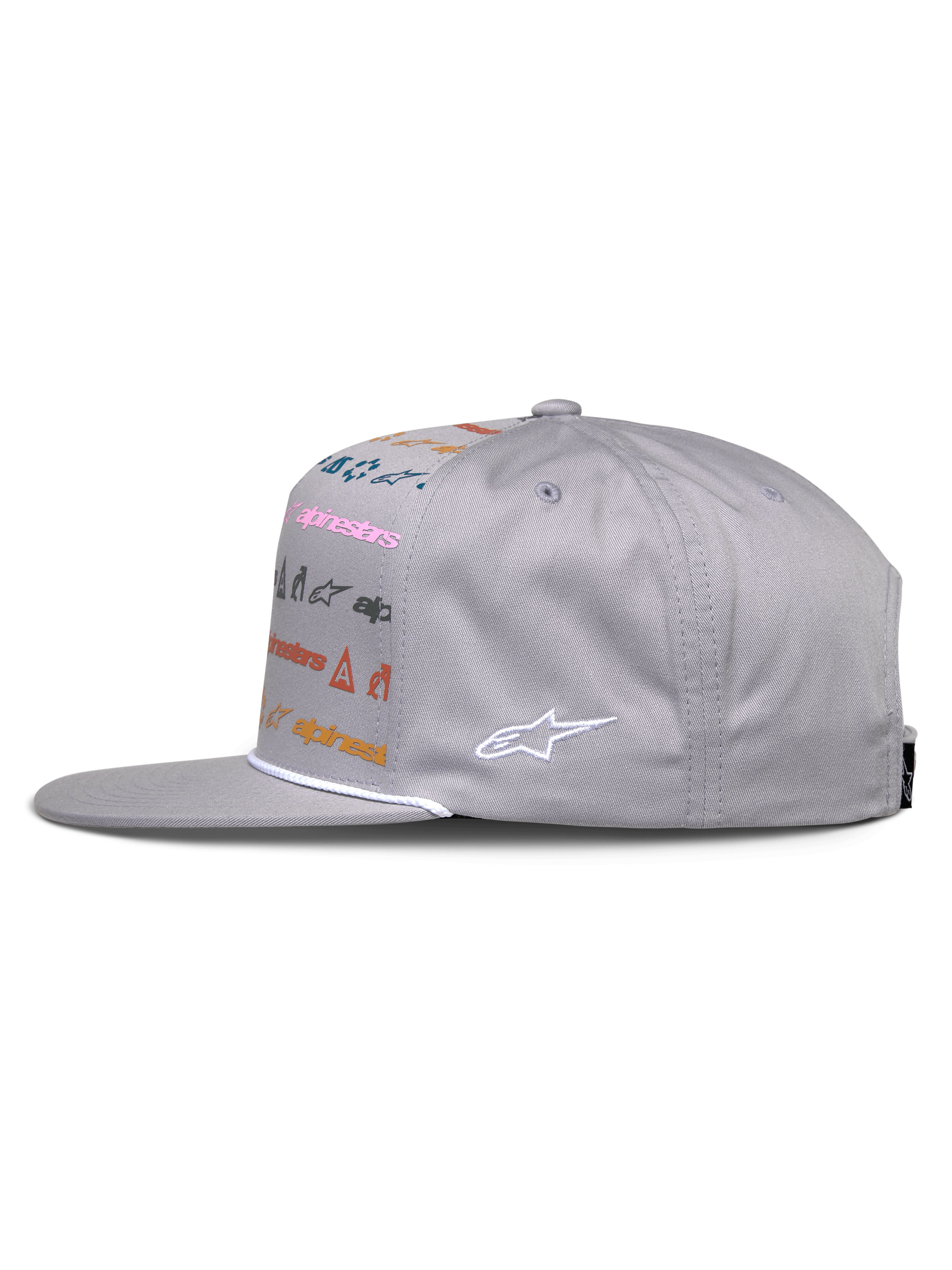 Casquette Alpinestars Glphy, casquette snapback grise, vue de profil, visière plate avec garniture en corde blanche, dotée d'une impression de logos multicolores à l'avant et d'un logo blanc brodé sur le côté, streetwear motorsport décontracté