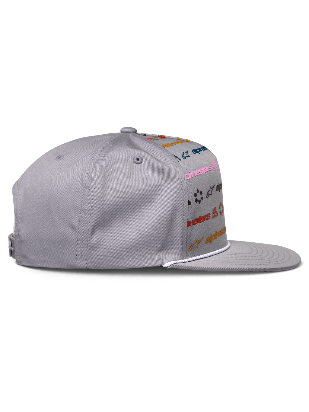 Casquette Alpinestars Glphy, gris, snapback à visière plate avec imprimé multi-logos multicolore, garniture en corde blanche sur la visière, couronne structurée, couvre-chef décontracté inspiré des sports mécaniques