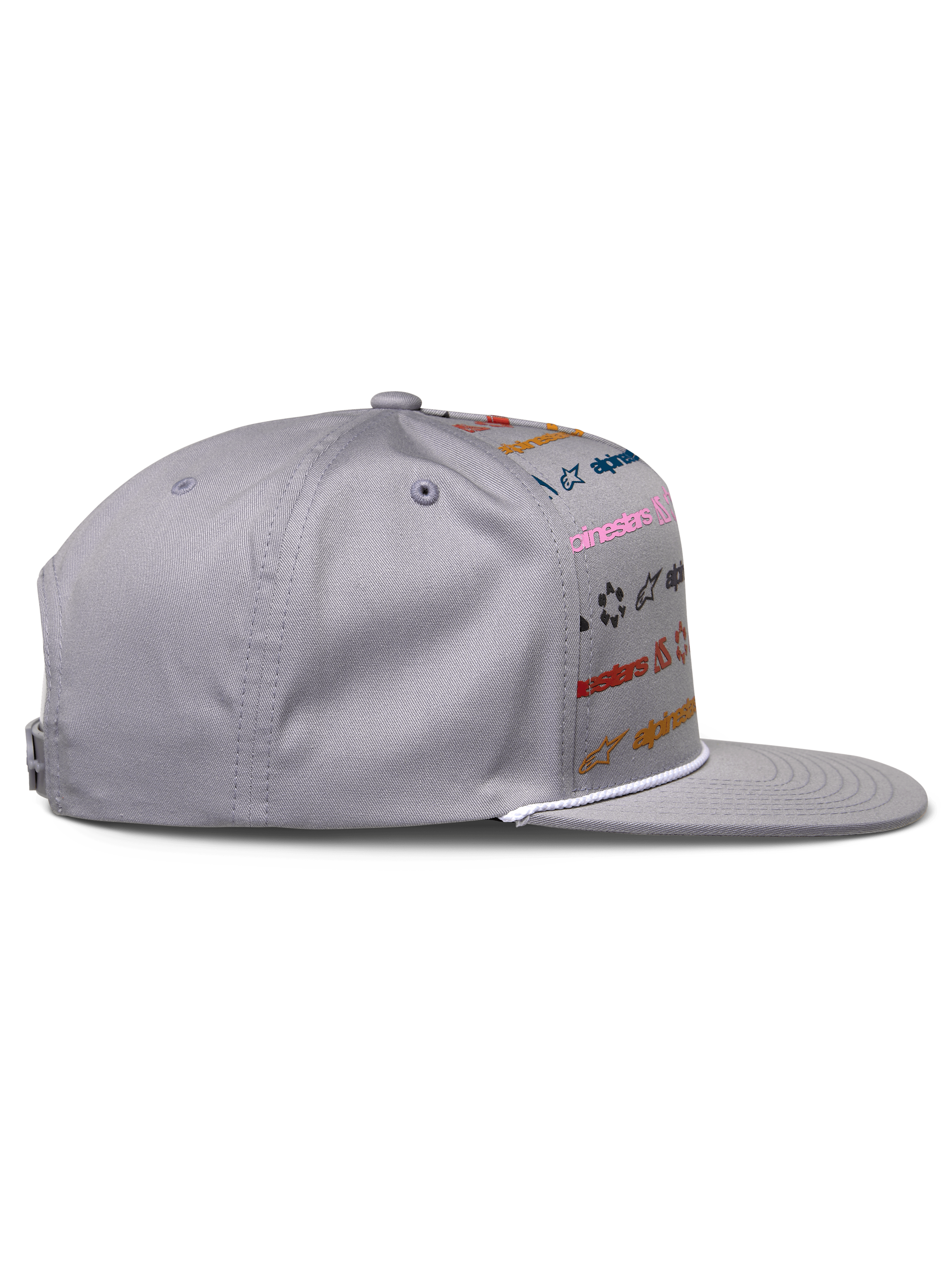 Casquette Alpinestars Glphy, gris, snapback à visière plate avec imprimé multi-logos multicolore, garniture en corde blanche sur la visière, couronne structurée, couvre-chef décontracté inspiré des sports mécaniques