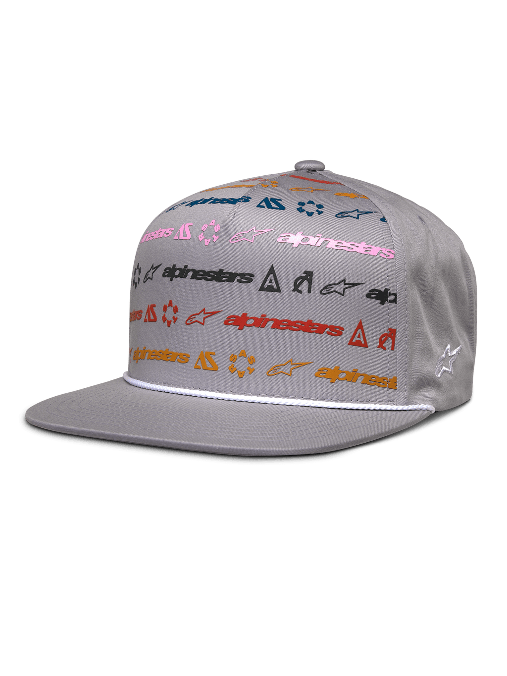 Alpinestars Glphy Hat, casquette snapback grise à visière plate, motif imprimé multi-logo coloré en rose, bleu, rouge et orange, garniture en corde blanche au-dessus de la visière, couronne structurée avec logo étoile brodé sur le côté