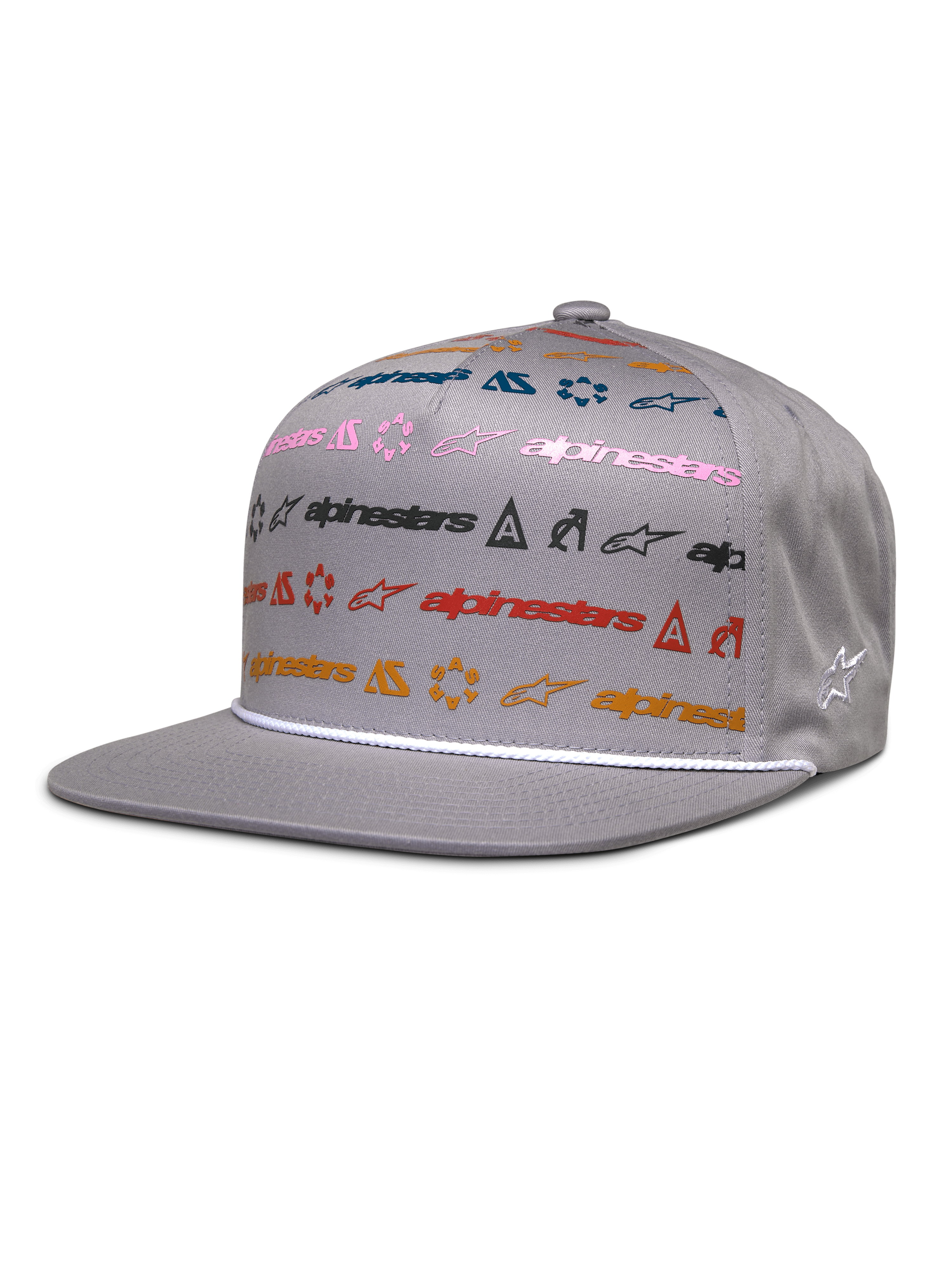 Alpinestars Glphy Hat, casquette snapback grise à visière plate, motif imprimé multi-logo coloré en rose, bleu, rouge et orange, garniture en corde blanche au-dessus de la visière, couronne structurée avec logo étoile brodé sur le côté
