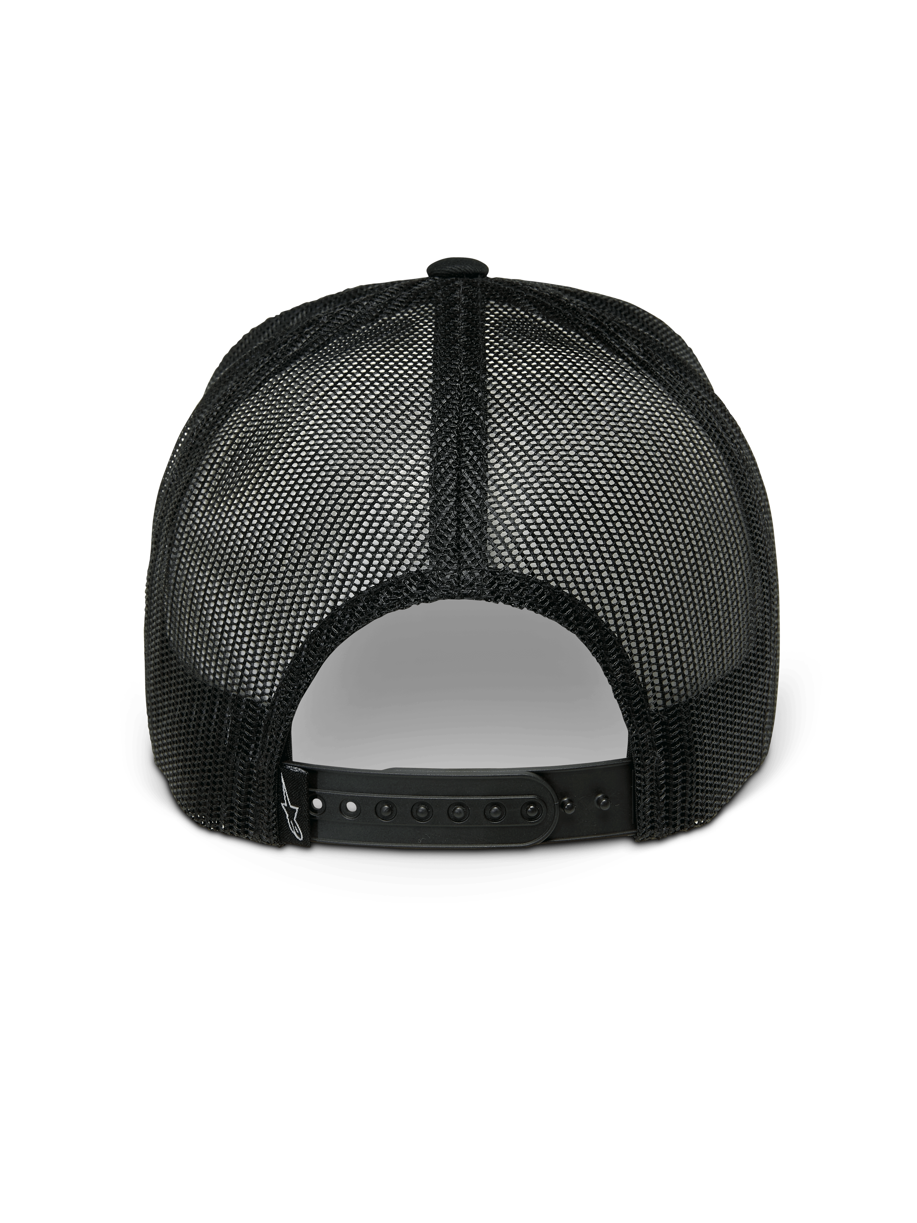 Casquette Trucker Alpinestars Gambit, casquette snapback, noir, vue arrière montrant les panneaux en maille polyester respirante et la fermeture snapback réglable, sportswear motorsport décontracté