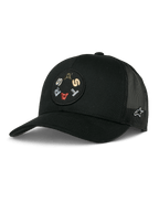 Casquette Trucker Gambit Alpinestars, noire, avec écusson circulaire à l'avant aux lettres brodées colorées, panneaux arrière en mesh respirant, visière courbée et petit logo blanc sur le côté, style décontracté sport automobile