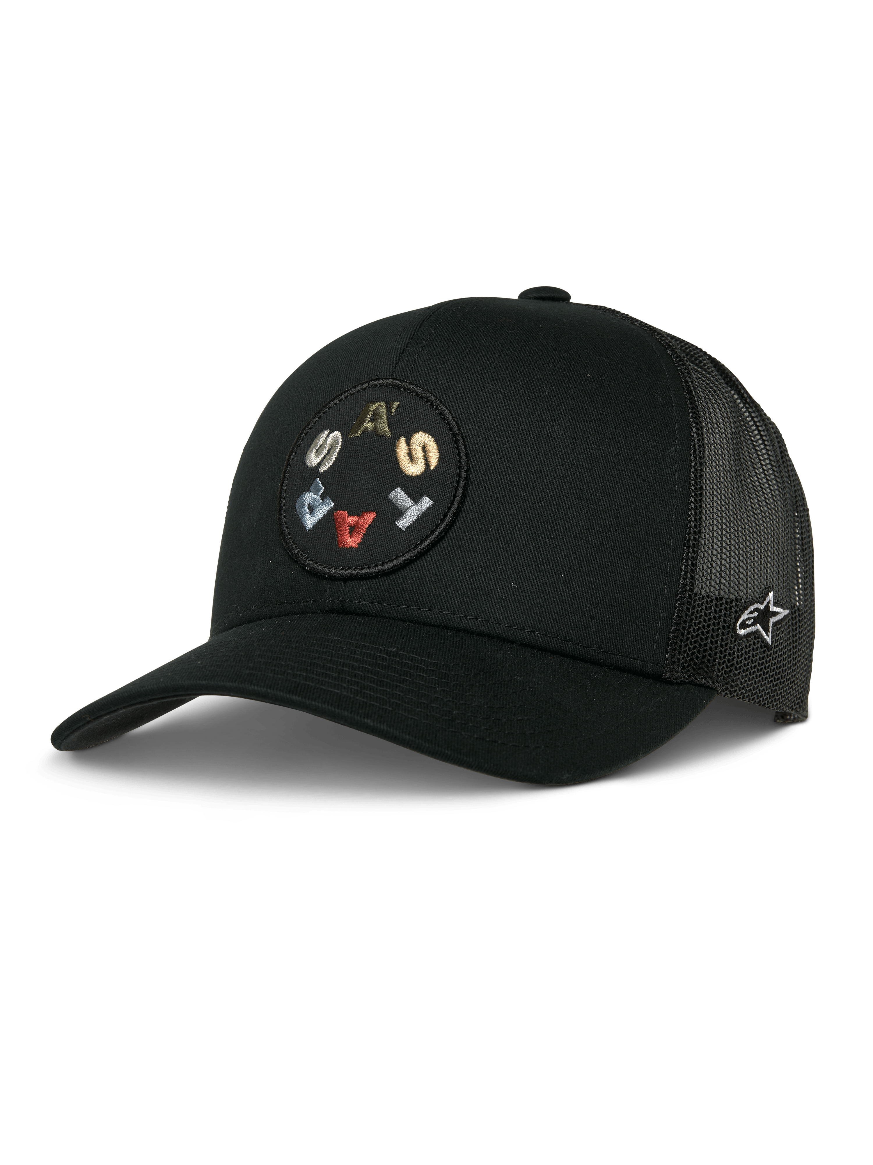 Casquette Trucker Gambit Alpinestars, noire, avec écusson circulaire à l'avant aux lettres brodées colorées, panneaux arrière en mesh respirant, visière courbée et petit logo blanc sur le côté, style décontracté sport automobile