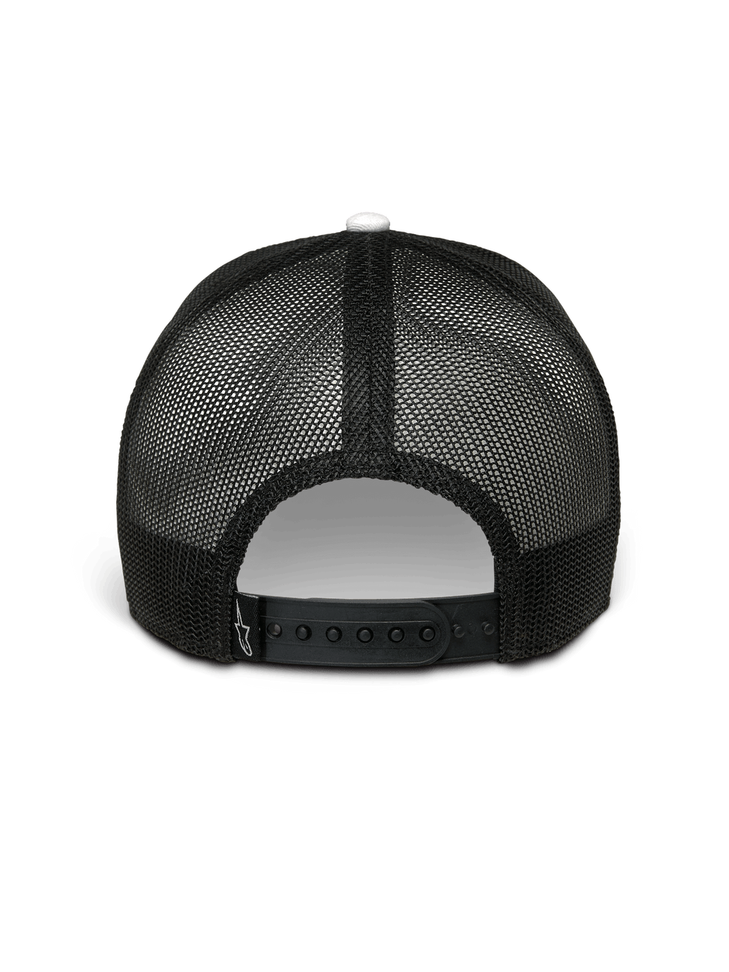 Casquette Trucker Alpinestars Hardware, blanc et noir, vue arrière, dos en maille polyester noire avec fermeture snapback réglable, petit logo Alpinestars blanc sur la languette, style streetwear décontracté