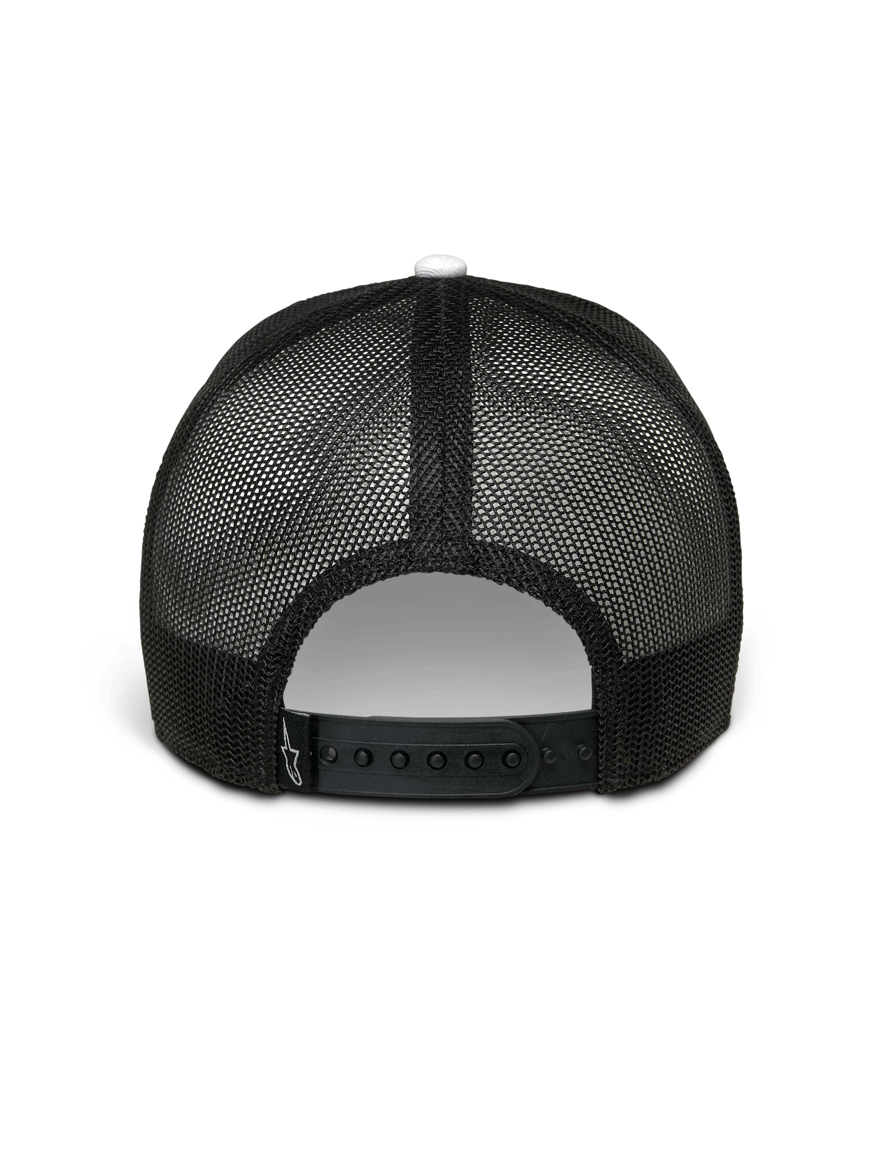 Casquette Trucker Alpinestars Hardware, blanc et noir, vue arrière, dos en maille polyester noire avec fermeture snapback réglable, petit logo Alpinestars blanc sur la languette, style streetwear décontracté
