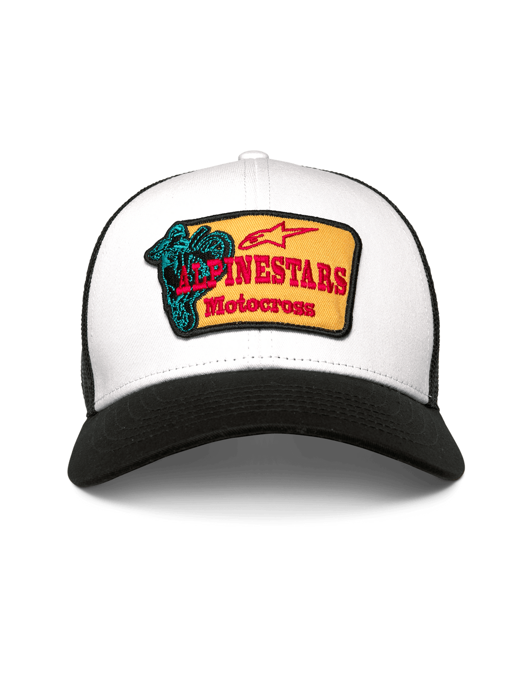 Casquette Trucker Alpinestars Hardware, blanc et noir, avec un écusson brodé jaune, le texte Alpinestars Motocross en rouge et un graphisme bleu sarcelle, visière courbée et arrière en maille respirante, couvre-chef décontracté inspiré du sport automobile